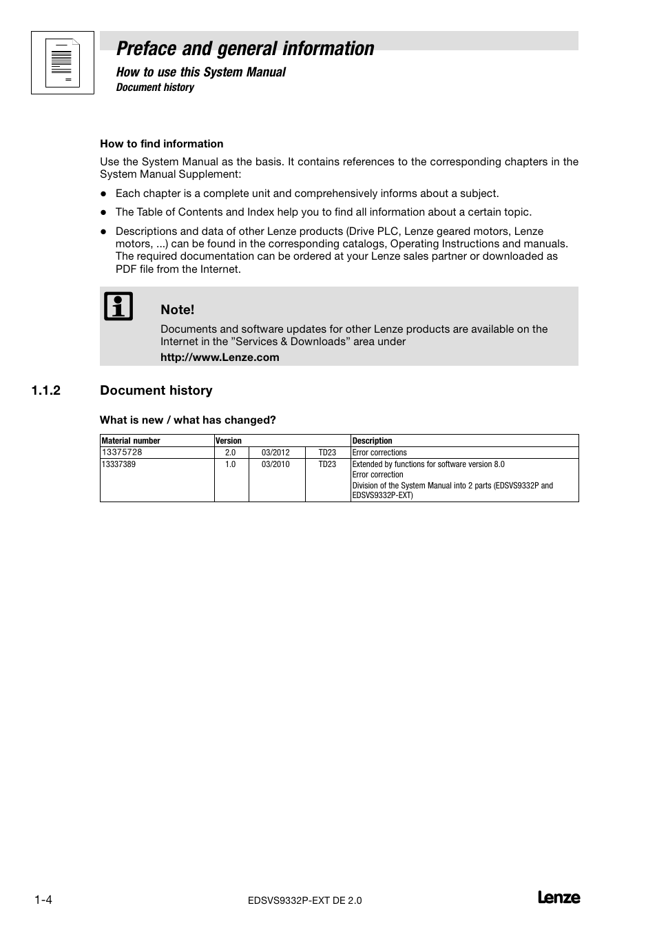 2 document history, Document history, Preface and general information | Lenze EVS9332xP User Manual | Page 10 / 334