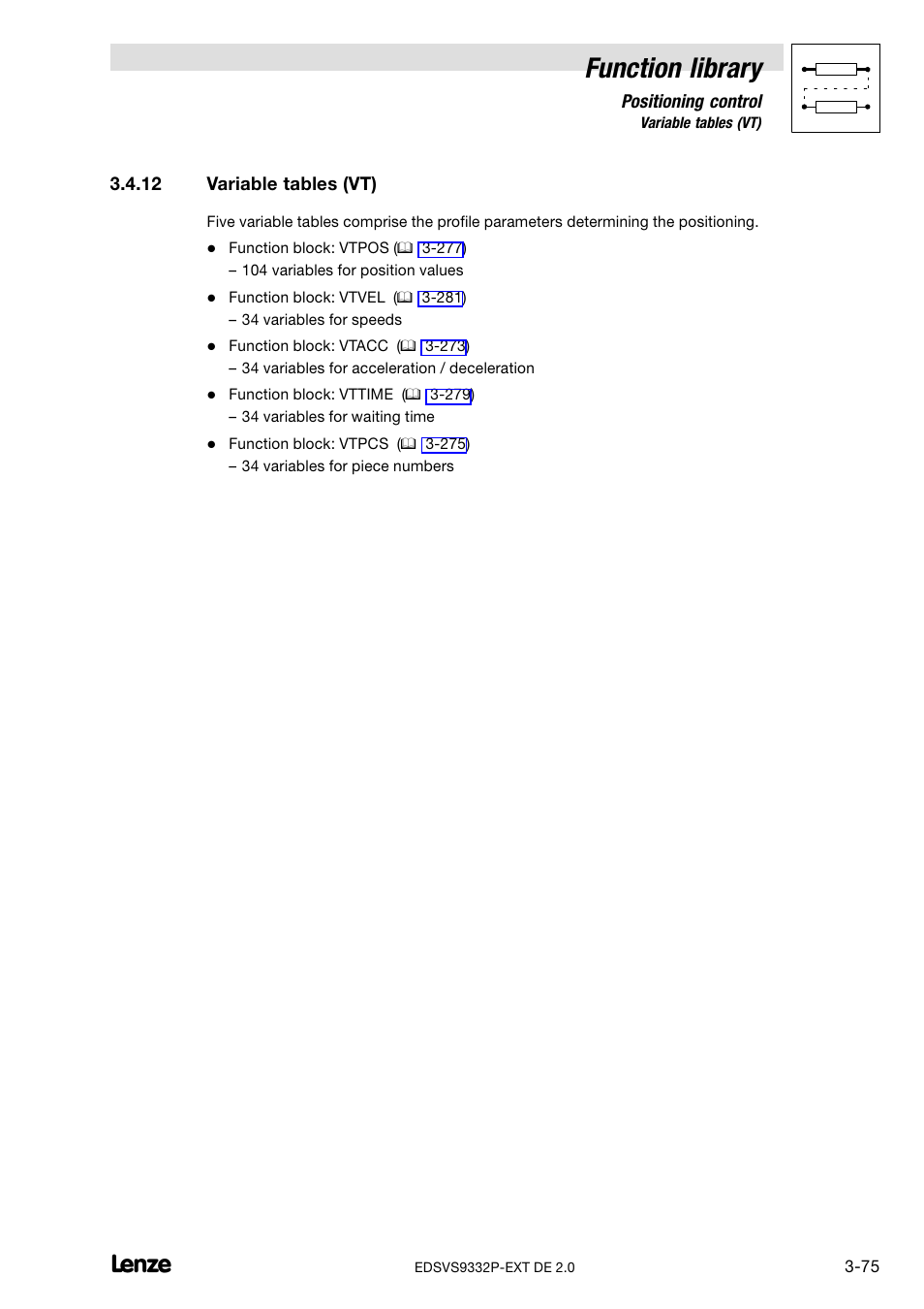 12 variable tables (vt), Variable tables (vt), Function library | Lenze EVS9332xP User Manual | Page 103 / 334
