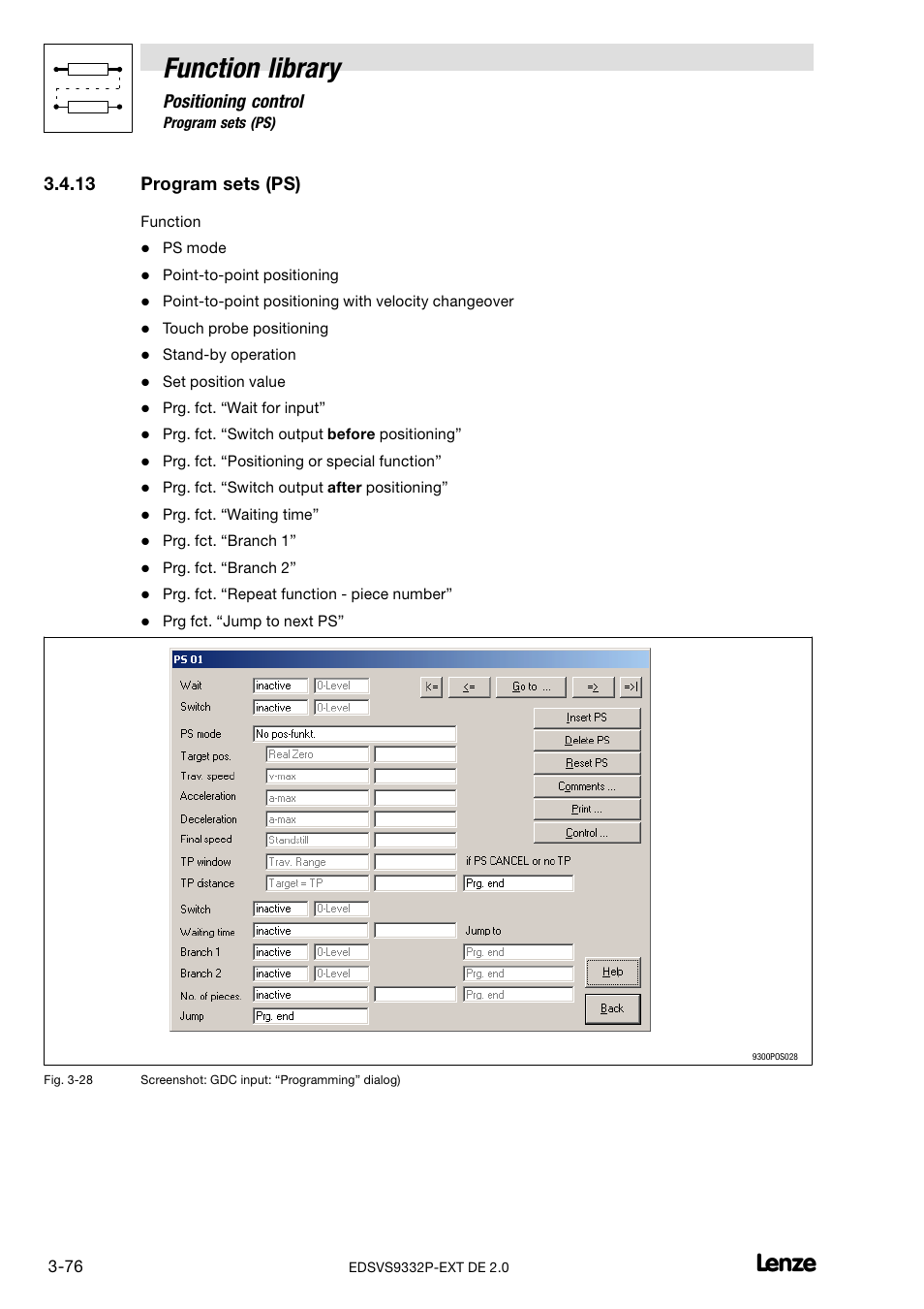 13 program sets (ps), Program sets (ps), Function library | Positioning control | Lenze EVS9332xP User Manual | Page 104 / 334