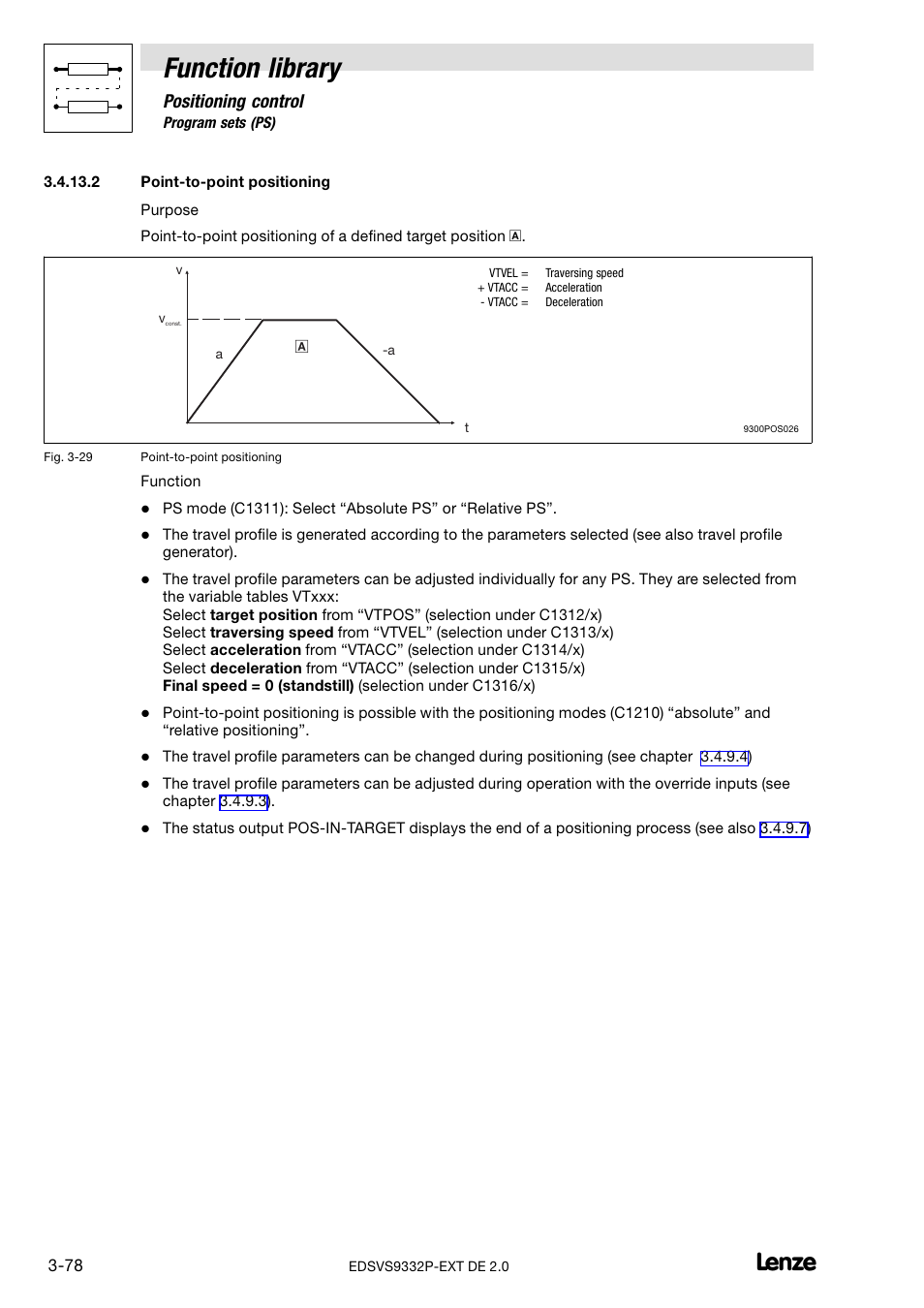 Point-to-point positioning, Function library, Positioning control | Lenze EVS9332xP User Manual | Page 106 / 334