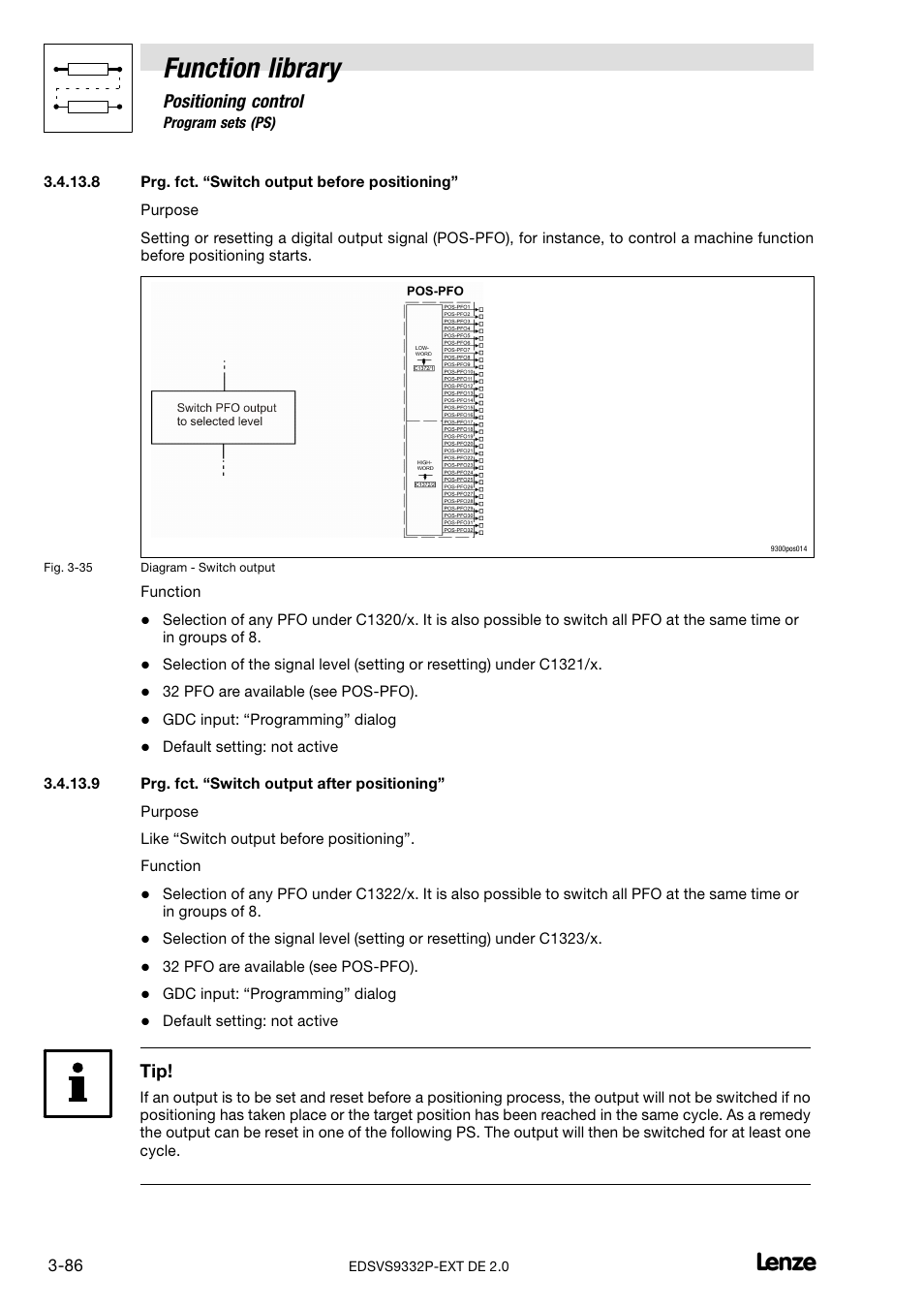 Prg. fct. switch output before positioning, Prg. fct. switch output after positioning, Function library | Positioning control | Lenze EVS9332xP User Manual | Page 114 / 334
