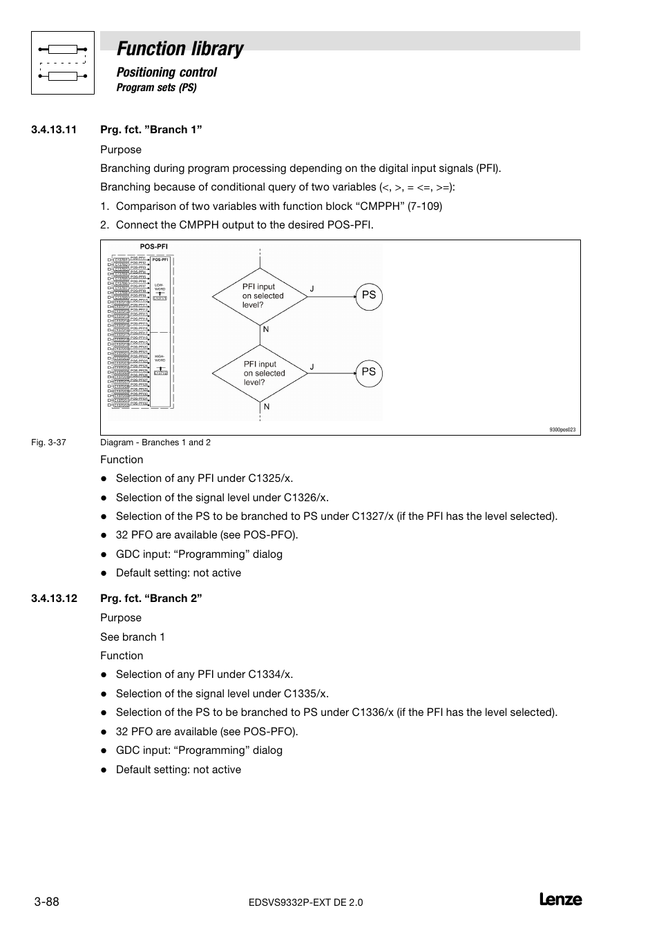 Prg. fct. "branch 1, Prg. fct. branch 2, Function library | Positioning control | Lenze EVS9332xP User Manual | Page 116 / 334