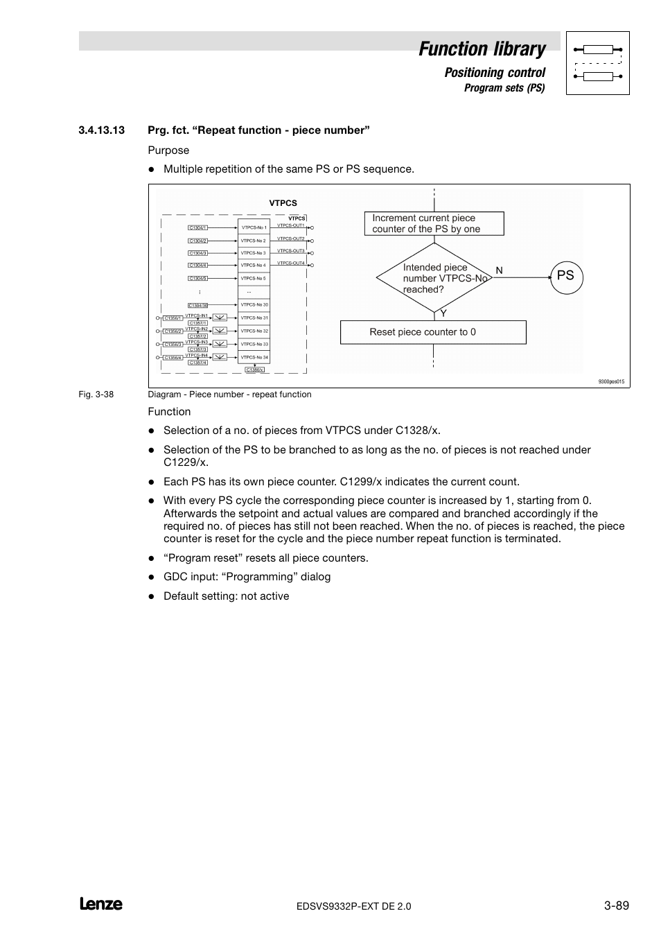 Prg. fct. repeat function - piece number, Function library, Positioning control | Lenze EVS9332xP User Manual | Page 117 / 334