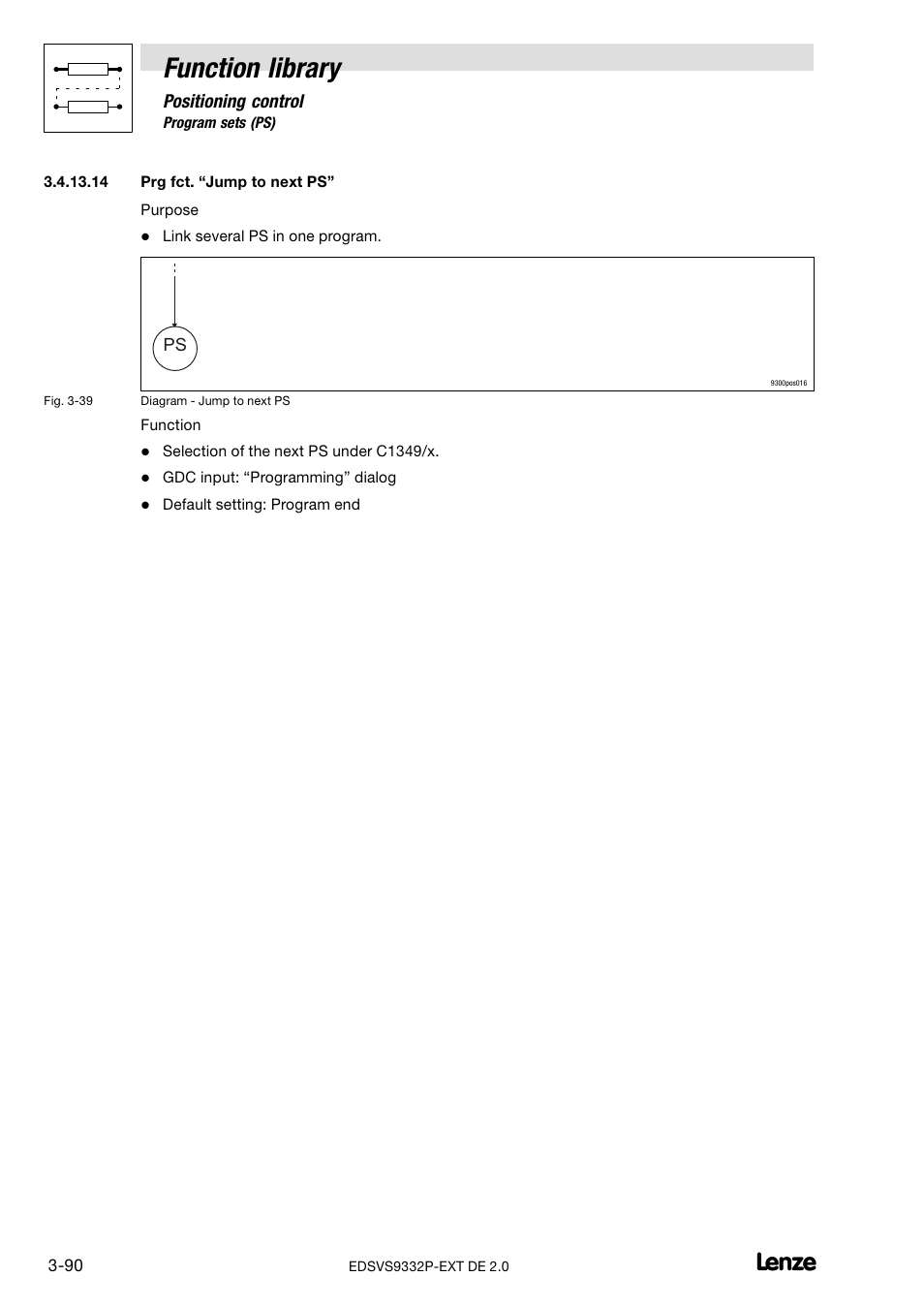 Prg fct. jump to next ps, Function library | Lenze EVS9332xP User Manual | Page 118 / 334