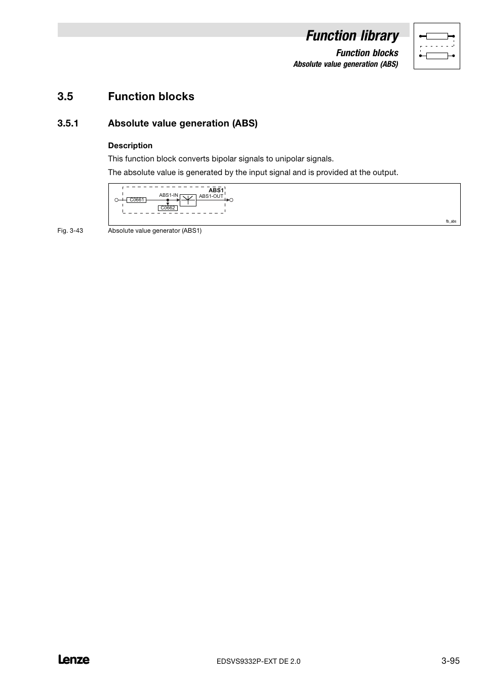 5 function blocks, 1 absolute value generation (abs), Function blocks | Absolute value generation (abs), Function library | Lenze EVS9332xP User Manual | Page 123 / 334