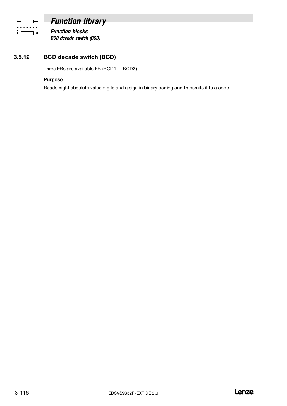 12 bcd decade switch (bcd), Bcd decade switch (bcd), Function library | Lenze EVS9332xP User Manual | Page 144 / 334