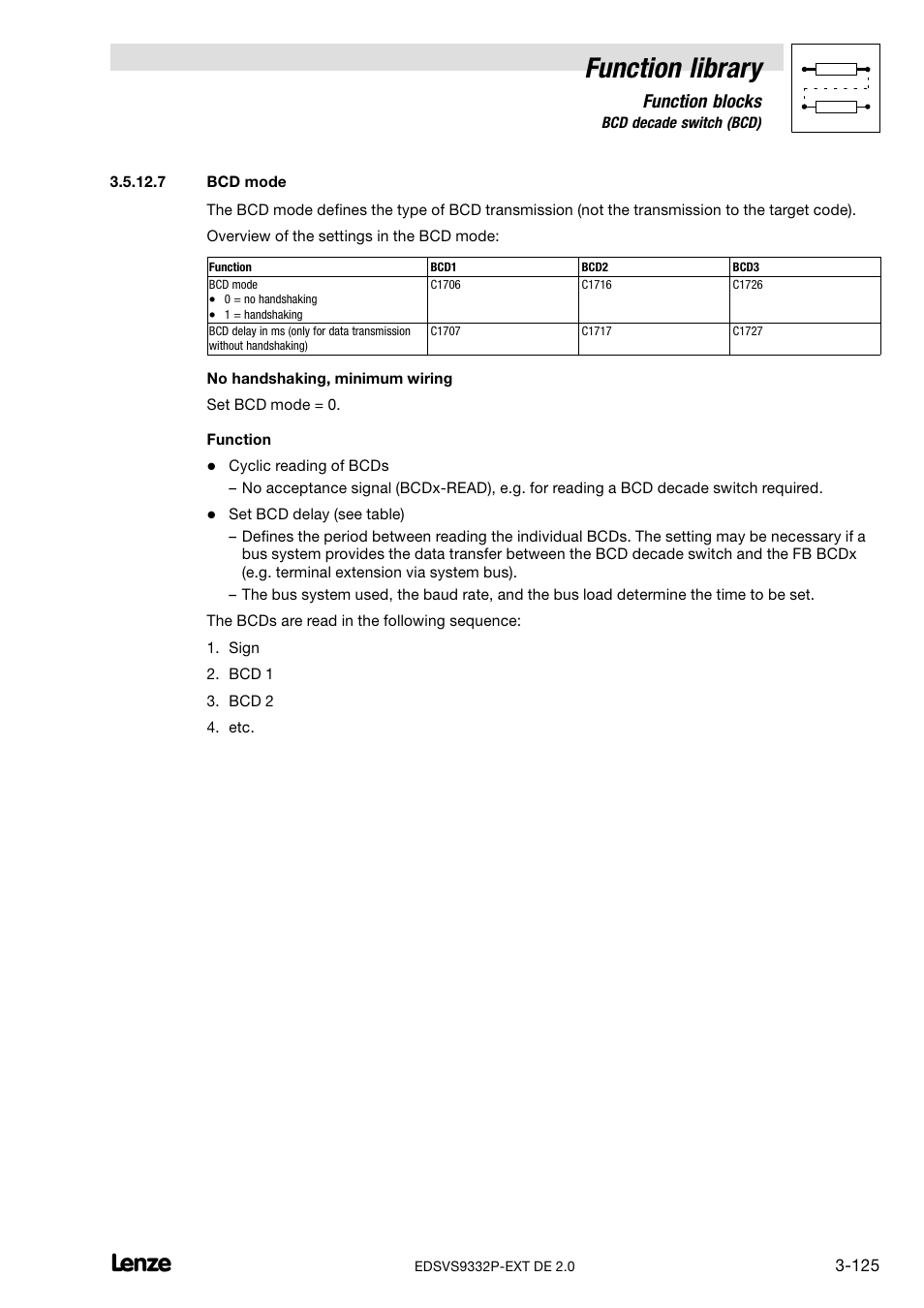 Bcd mode, Function library, Function blocks | Lenze EVS9332xP User Manual | Page 153 / 334