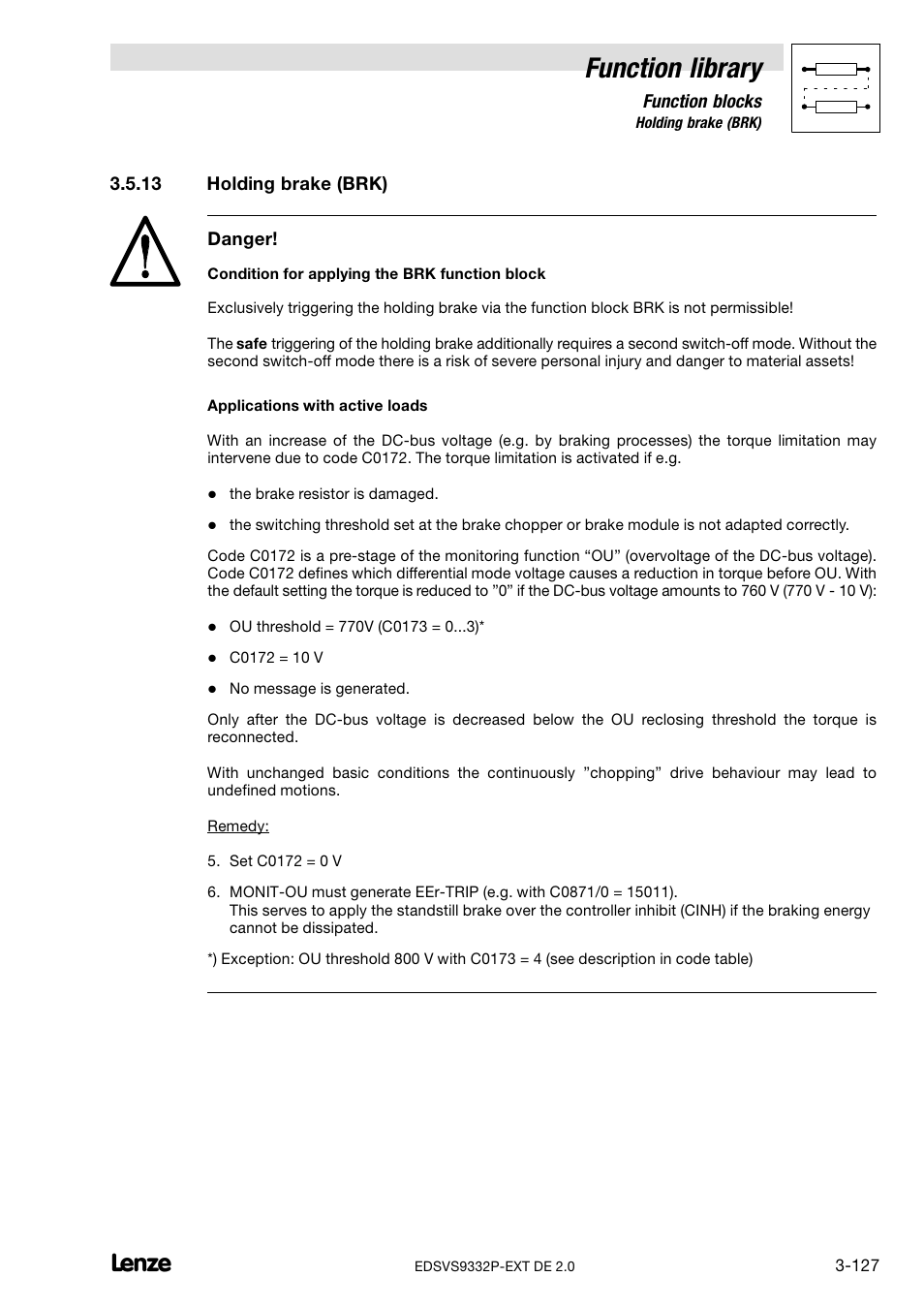 13 holding brake (brk), Holding brake (brk), Function library | Lenze EVS9332xP User Manual | Page 155 / 334