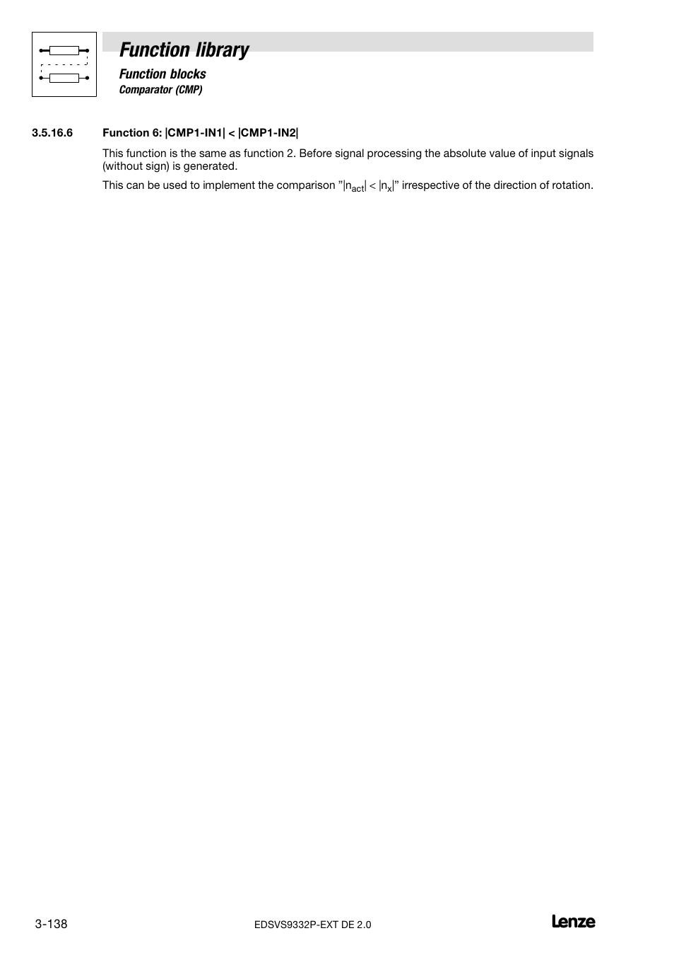 Function 6: |cmp1-in1| < |cmp1-in2, Function library | Lenze EVS9332xP User Manual | Page 166 / 334