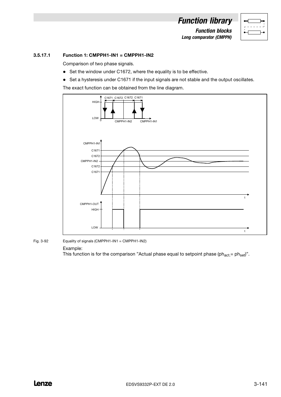 Function 1: cmpph1-in1 = cmpph1-in2, Function library, Function blocks | Lenze EVS9332xP User Manual | Page 169 / 334