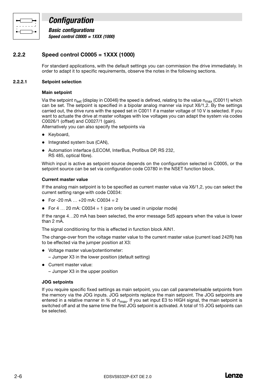 2 speed control c0005 = 1xxx (1000), Setpoint selection, Speed control c0005 = 1xxx (1000) | Configuration | Lenze EVS9332xP User Manual | Page 18 / 334