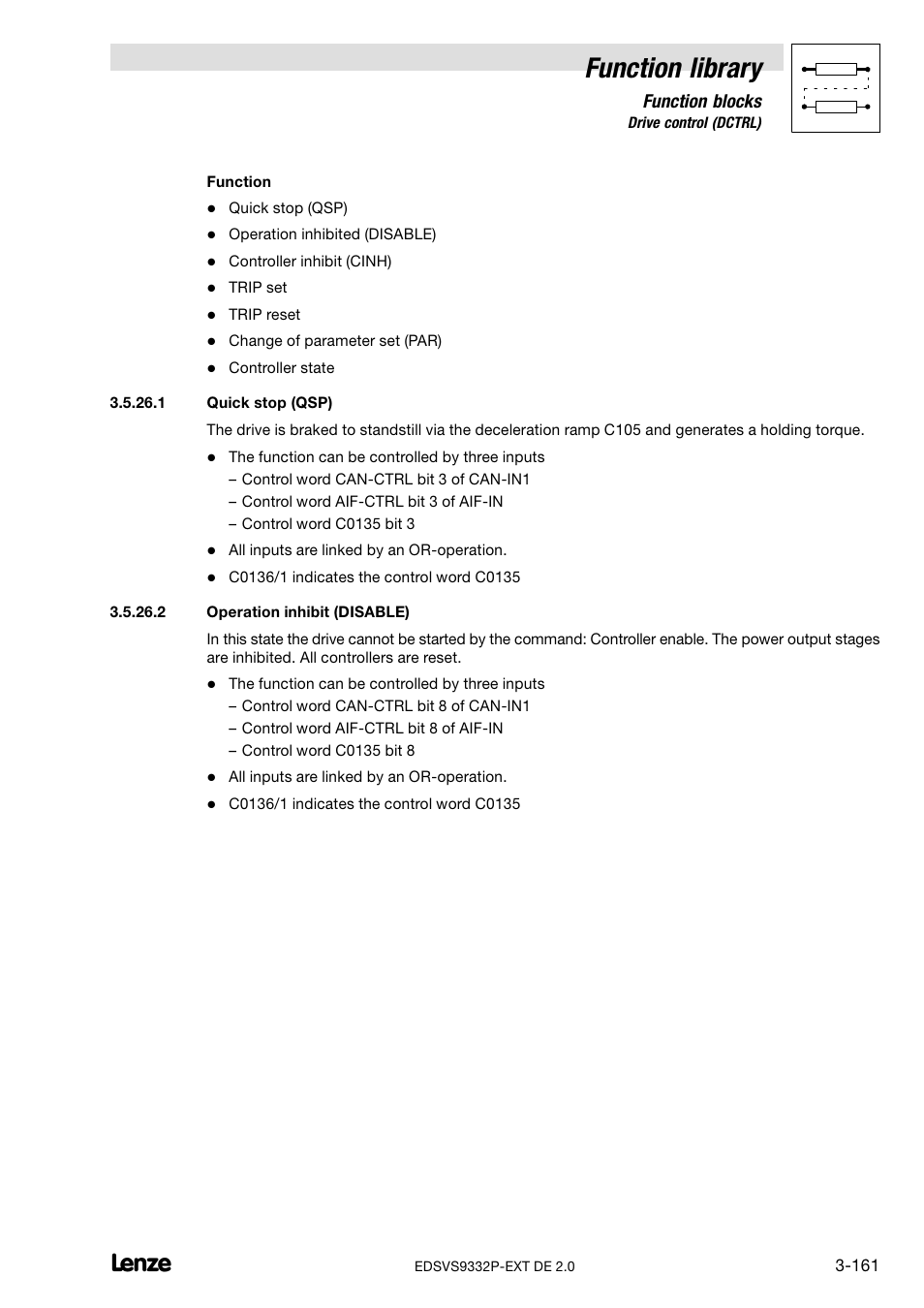 Quick stop (qsp), Operation inhibit (disable), Function library | Function blocks | Lenze EVS9332xP User Manual | Page 189 / 334