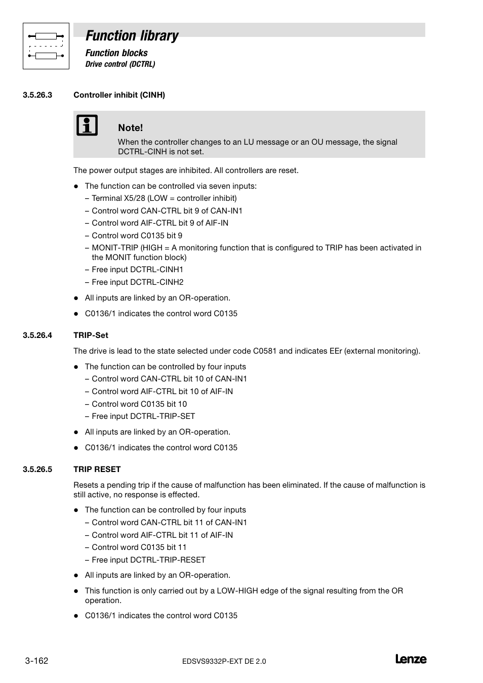 Controller inhibit (cinh), Trip-set, Trip reset | Function library | Lenze EVS9332xP User Manual | Page 190 / 334