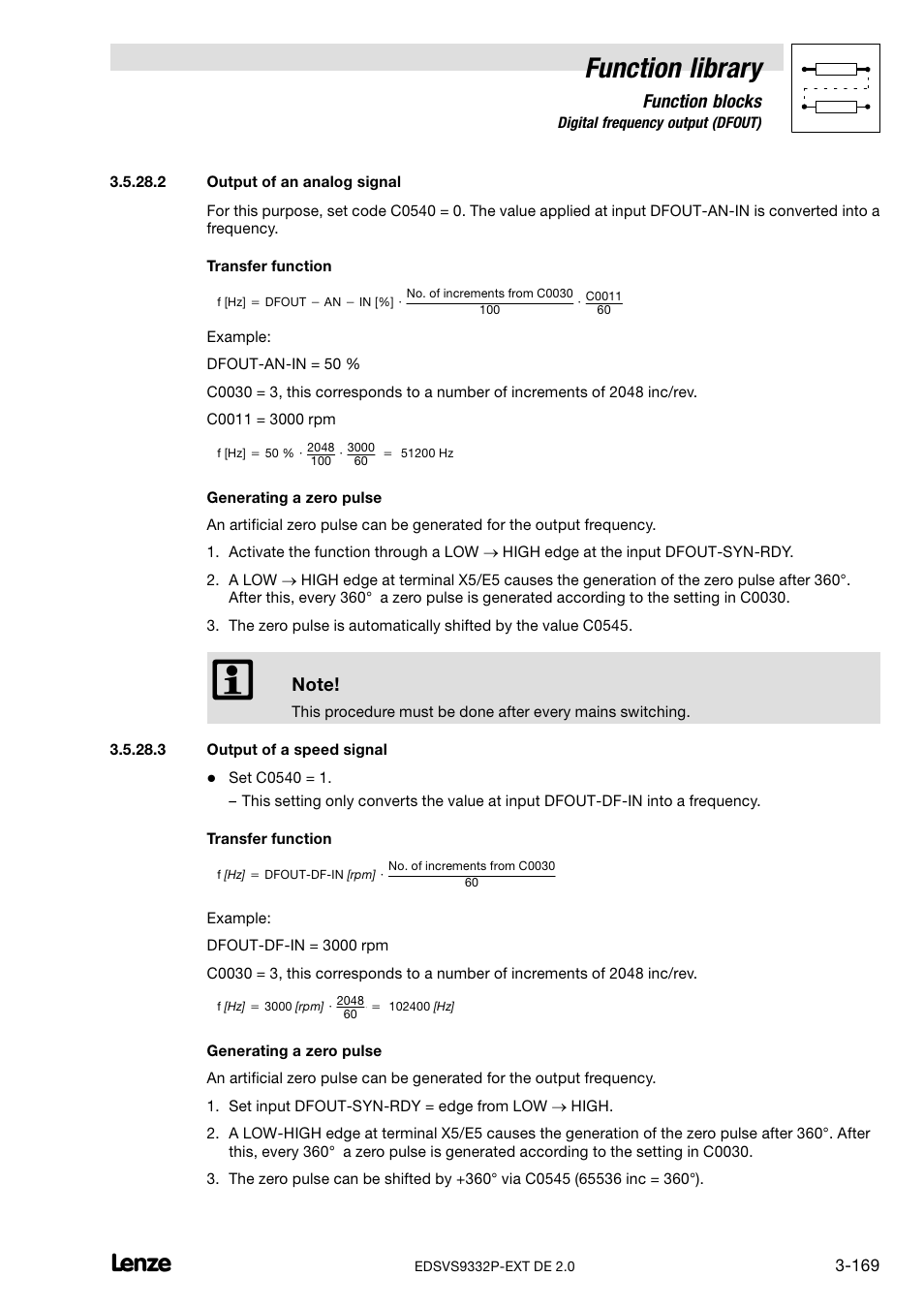 Output of an analog signal, Output of a speed signal, Function library | Lenze EVS9332xP User Manual | Page 197 / 334