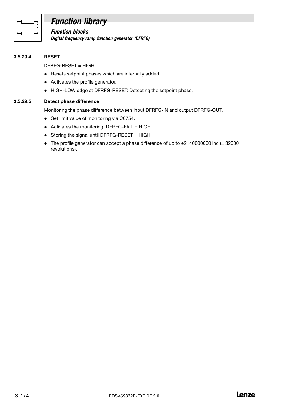 Reset, Detect phase difference, Function library | Lenze EVS9332xP User Manual | Page 202 / 334
