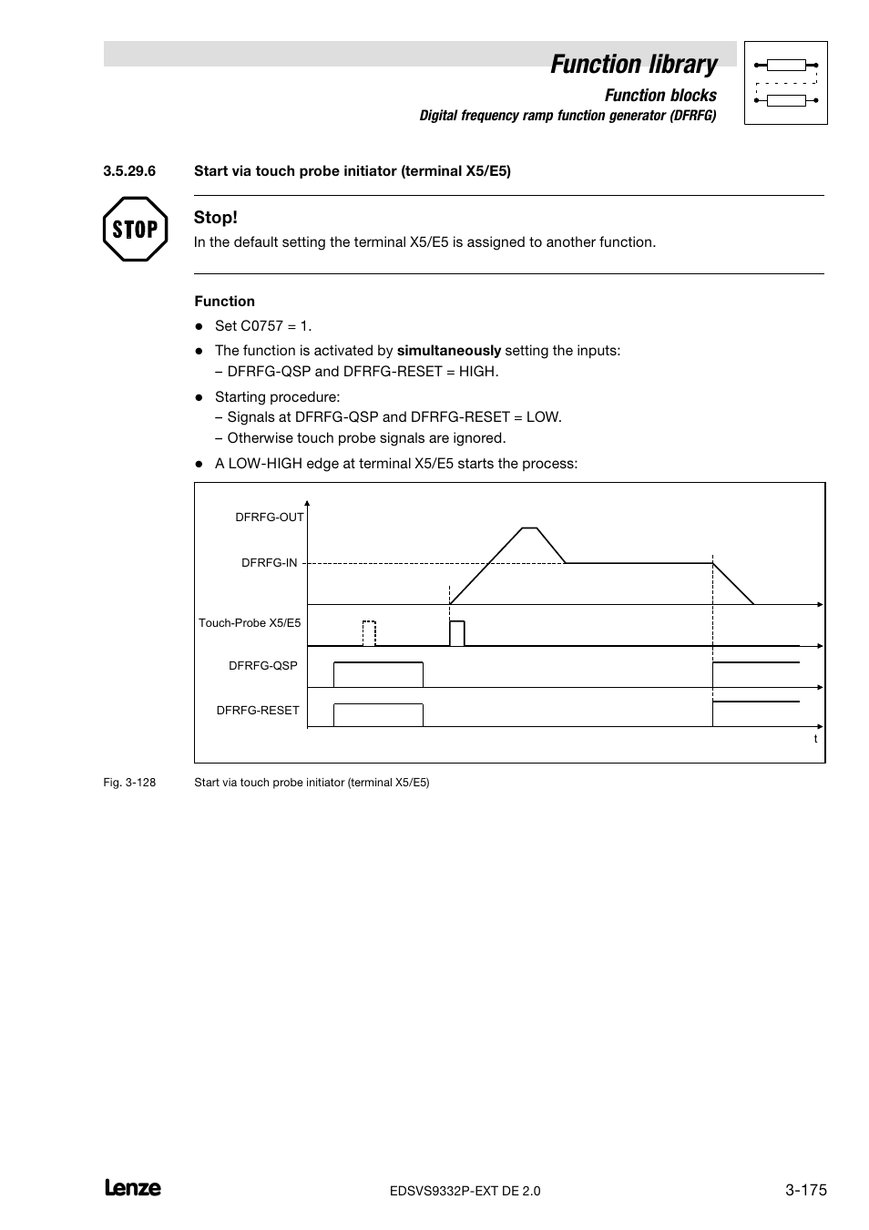 Start via touch probe initiator (terminal x5/e5), Function library, Function blocks | Stop | Lenze EVS9332xP User Manual | Page 203 / 334
