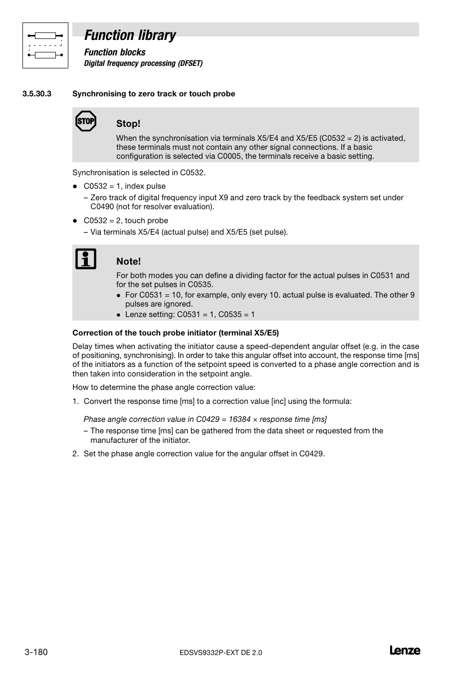 Synchronising to zero track or touch probe, Function library | Lenze EVS9332xP User Manual | Page 208 / 334