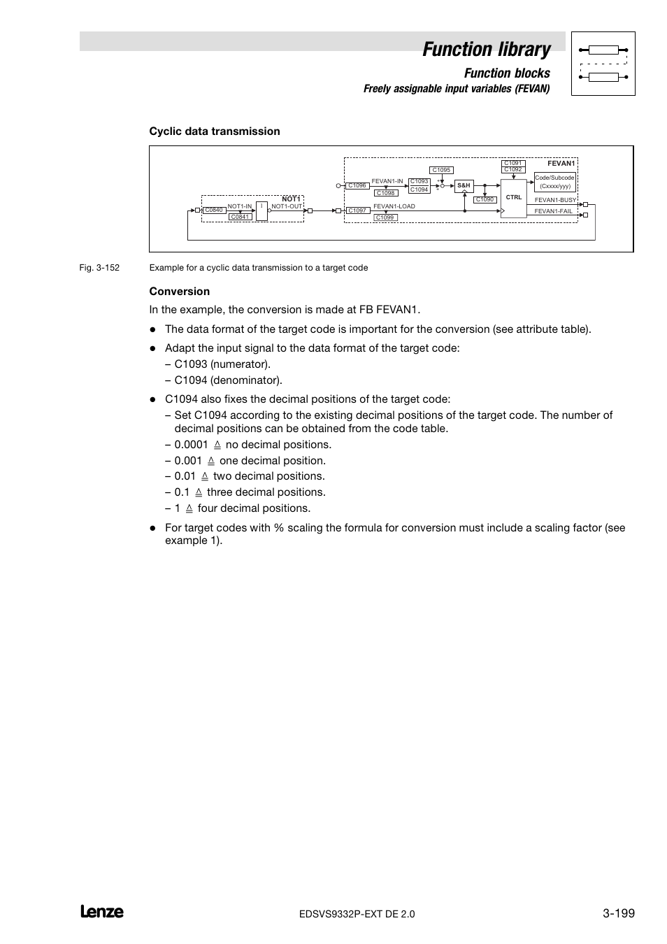 Function library, Function blocks, 39 freely assignable input variables (fevan) | Cyclic data transmission | Lenze EVS9332xP User Manual | Page 227 / 334