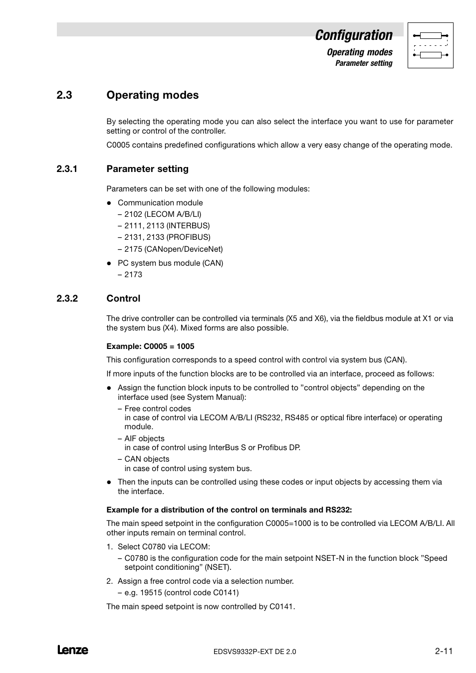 3 operating modes, 1 parameter setting, 2 control | Operating modes, Parameter setting, Control, Configuration | Lenze EVS9332xP User Manual | Page 23 / 334