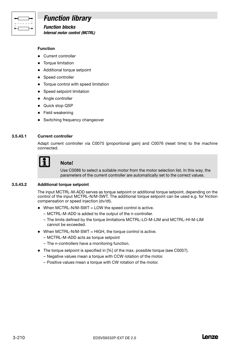 Current controller, Additional torque setpoint, Function library | Lenze EVS9332xP User Manual | Page 238 / 334