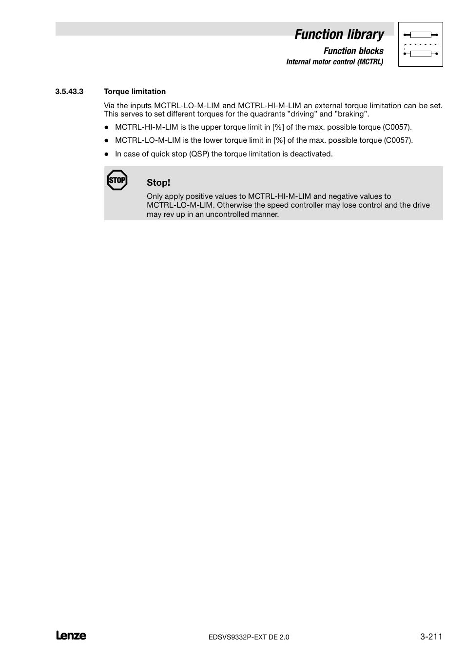 Torque limitation, Function library | Lenze EVS9332xP User Manual | Page 239 / 334