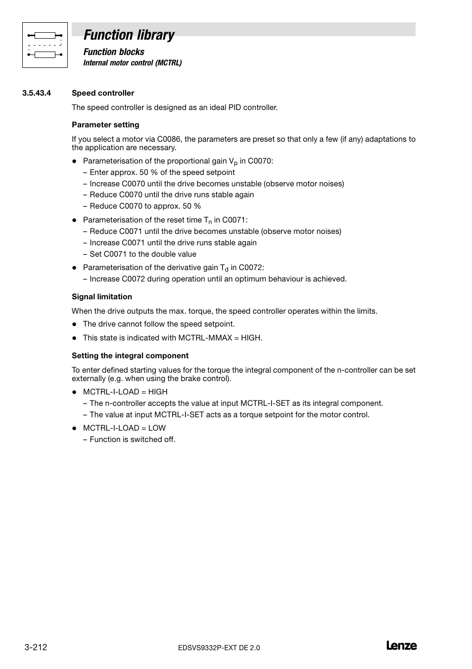 Speed controller, Function library | Lenze EVS9332xP User Manual | Page 240 / 334