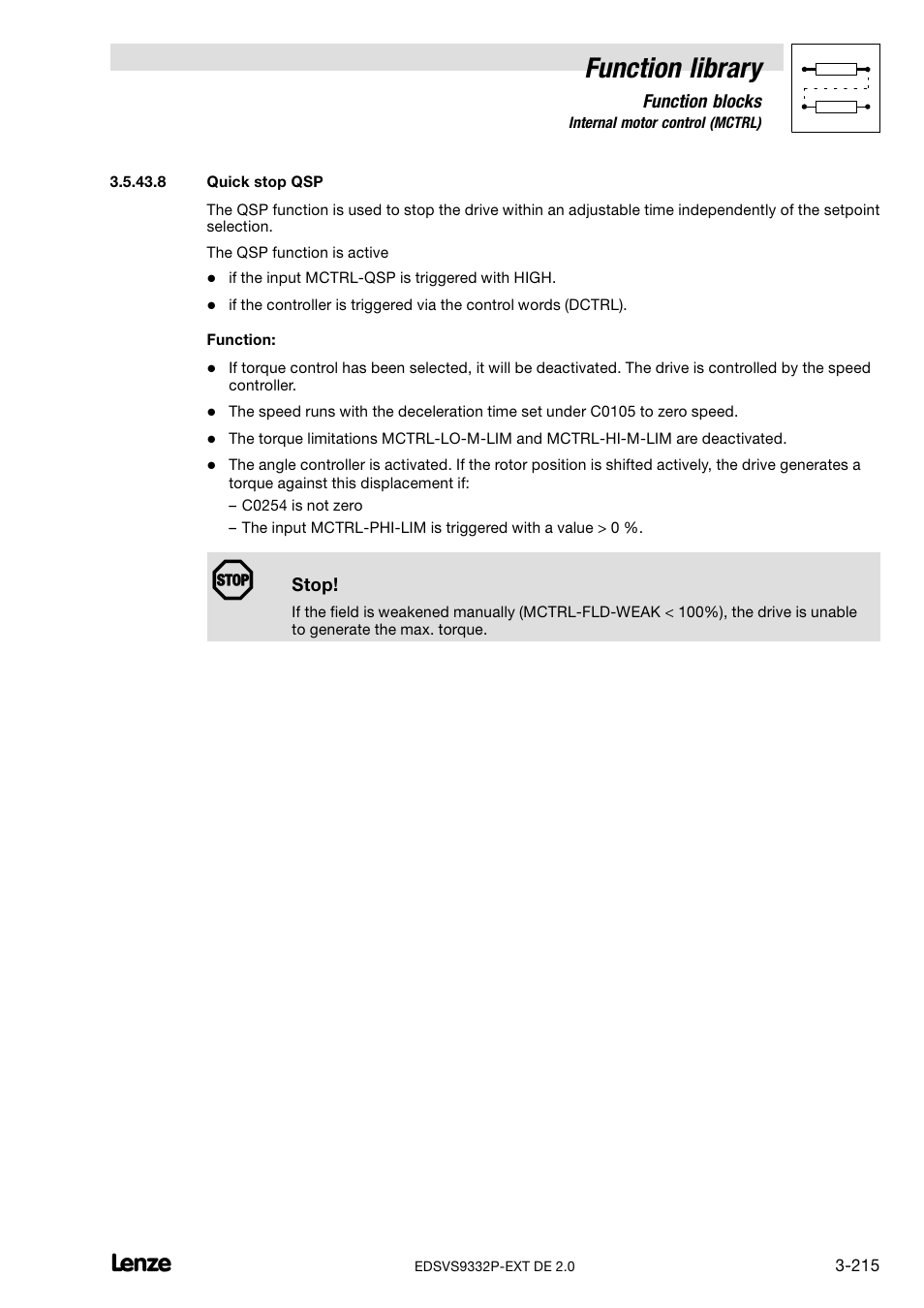 Quick stop qsp, Function library | Lenze EVS9332xP User Manual | Page 243 / 334