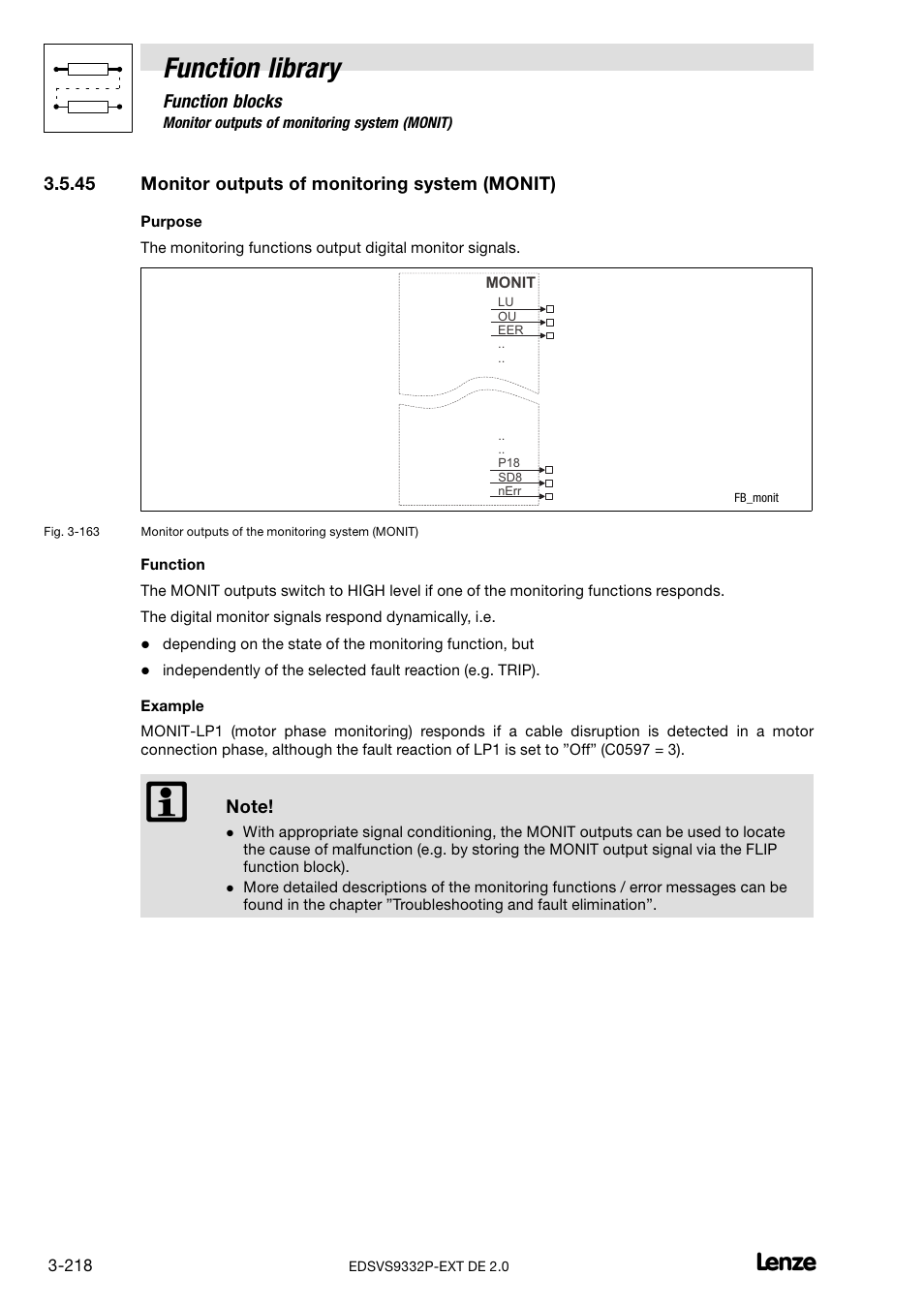 45 monitor outputs of monitoring system (monit), Monitor outputs of monitoring system (monit), Function library | Lenze EVS9332xP User Manual | Page 246 / 334