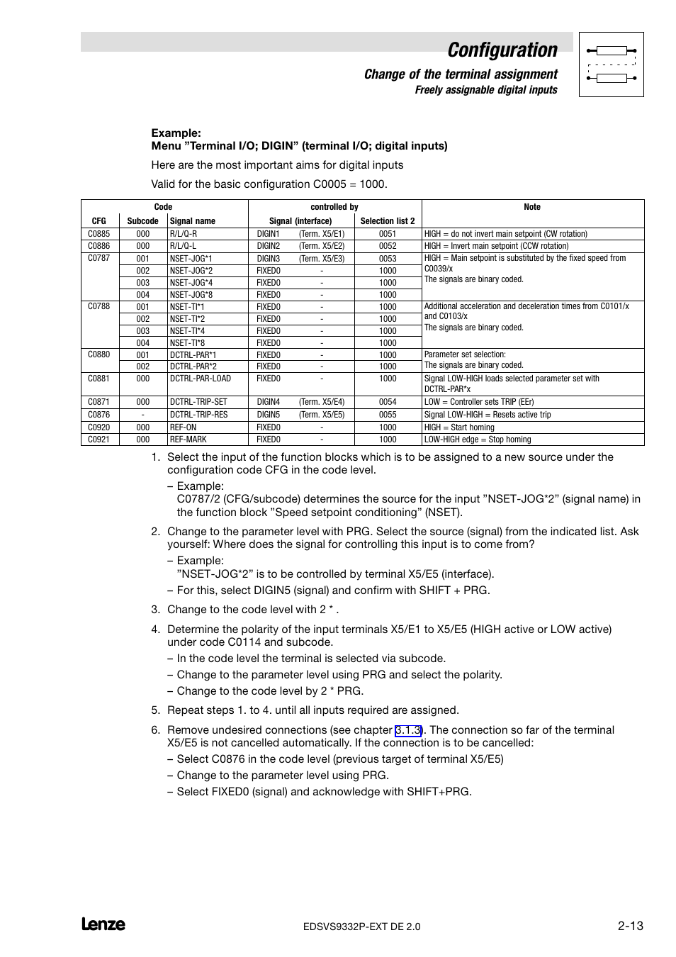 Configuration, Change of the terminal assignment | Lenze EVS9332xP User Manual | Page 25 / 334