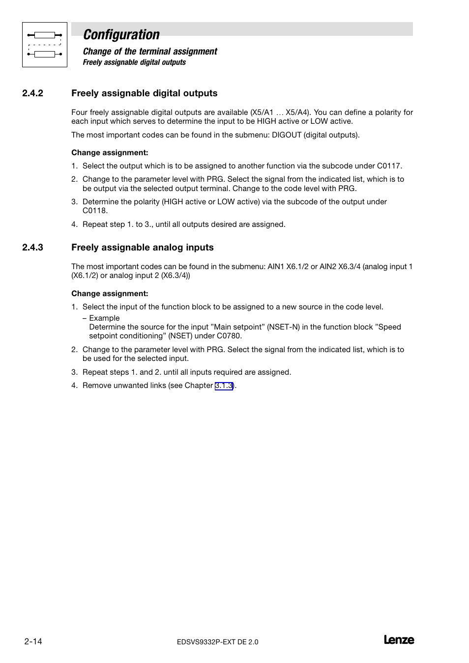 2 freely assignable digital outputs, 3 freely assignable analog inputs, Freely assignable digital outputs | Freely assignable analog inputs, Configuration | Lenze EVS9332xP User Manual | Page 26 / 334
