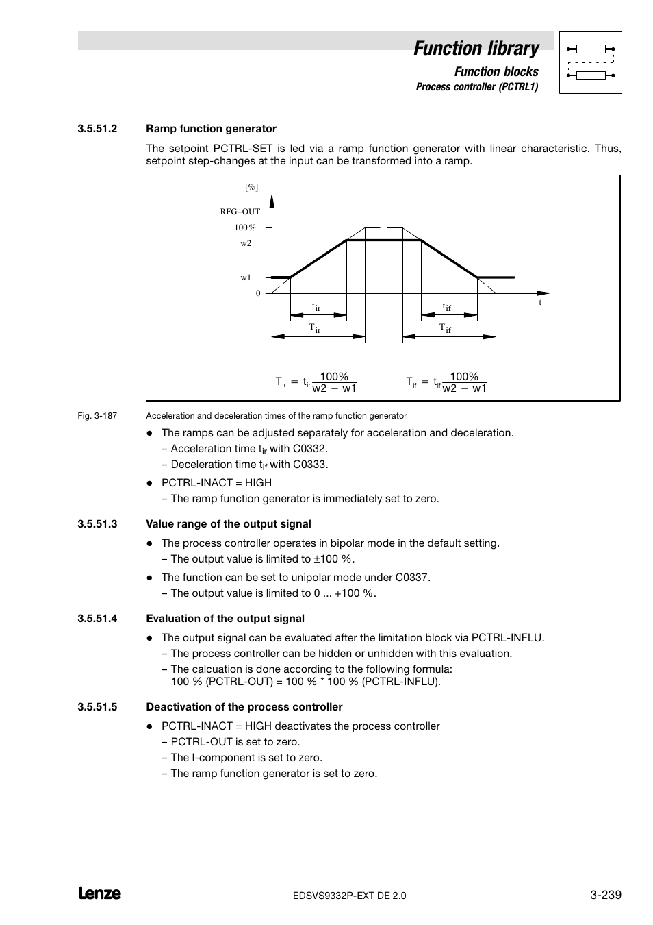 Ramp function generator, Value range of the output signal, Evaluation of the output signal | Deactivation of the process controller, Function library, Function blocks | Lenze EVS9332xP User Manual | Page 267 / 334