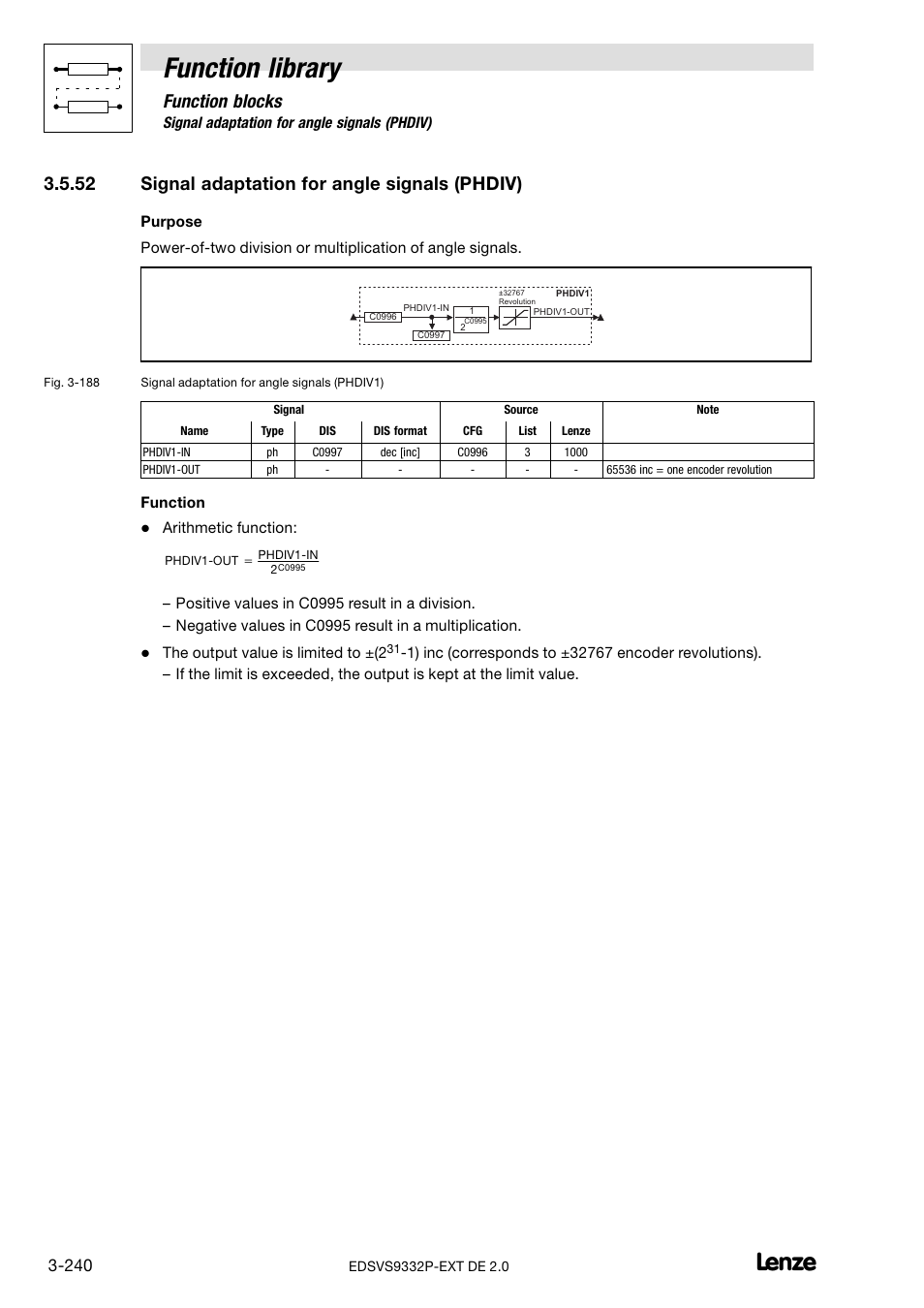 52 signal adaptation for angle signals (phdiv), Signal adaptation for angle signals (phdiv), Function library | Function blocks | Lenze EVS9332xP User Manual | Page 268 / 334