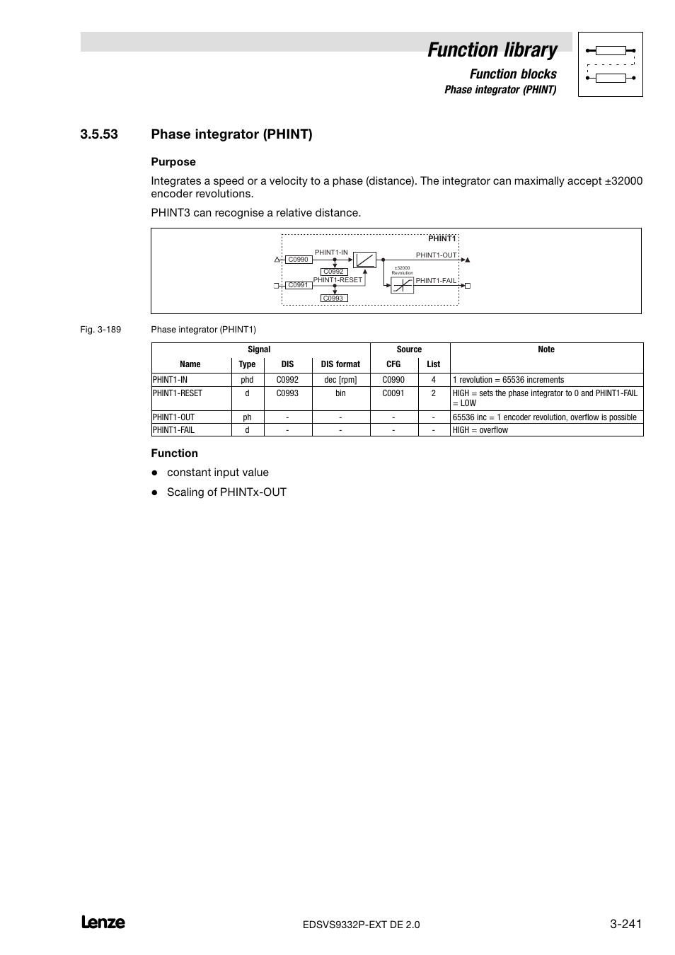53 phase integrator (phint), Phase integrator (phint), Function library | Function blocks | Lenze EVS9332xP User Manual | Page 269 / 334