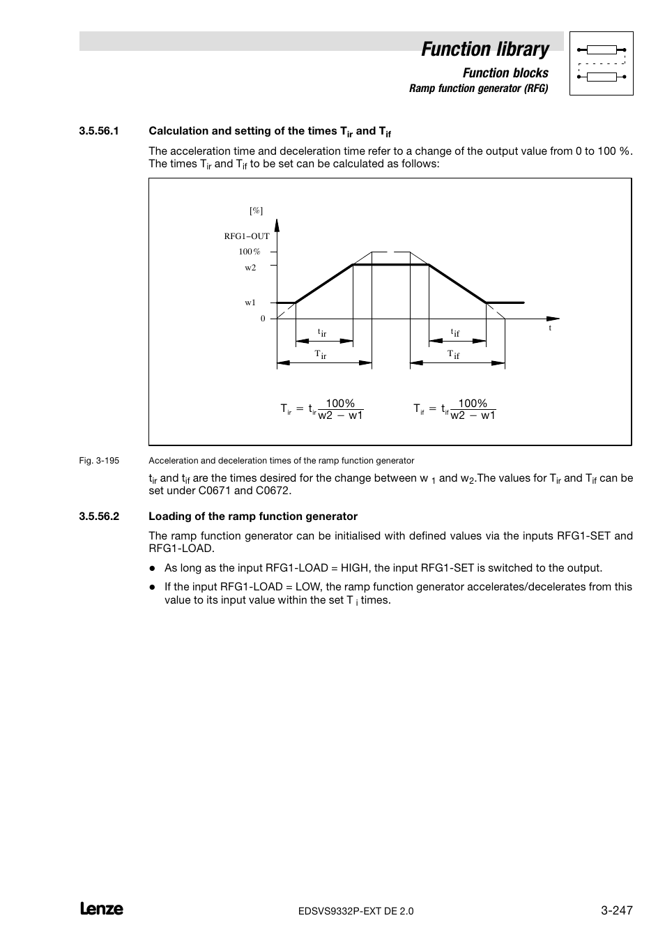 Calculation and setting of the times tir and tif, Loading of the ramp function generator, Function library | Function blocks | Lenze EVS9332xP User Manual | Page 275 / 334