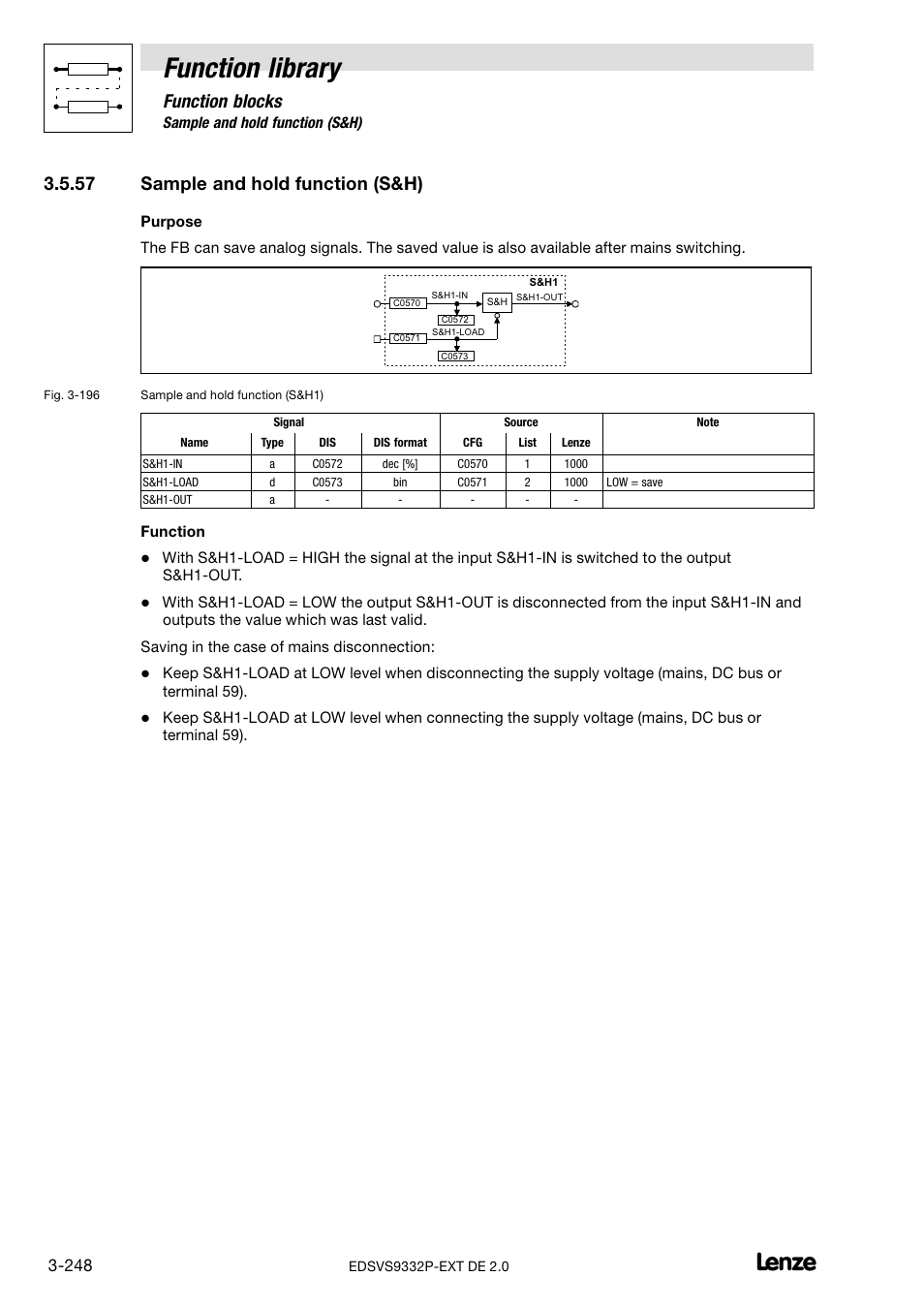 57 sample and hold function (s&h), Sample and hold function (s&h), Function library | Function blocks | Lenze EVS9332xP User Manual | Page 276 / 334