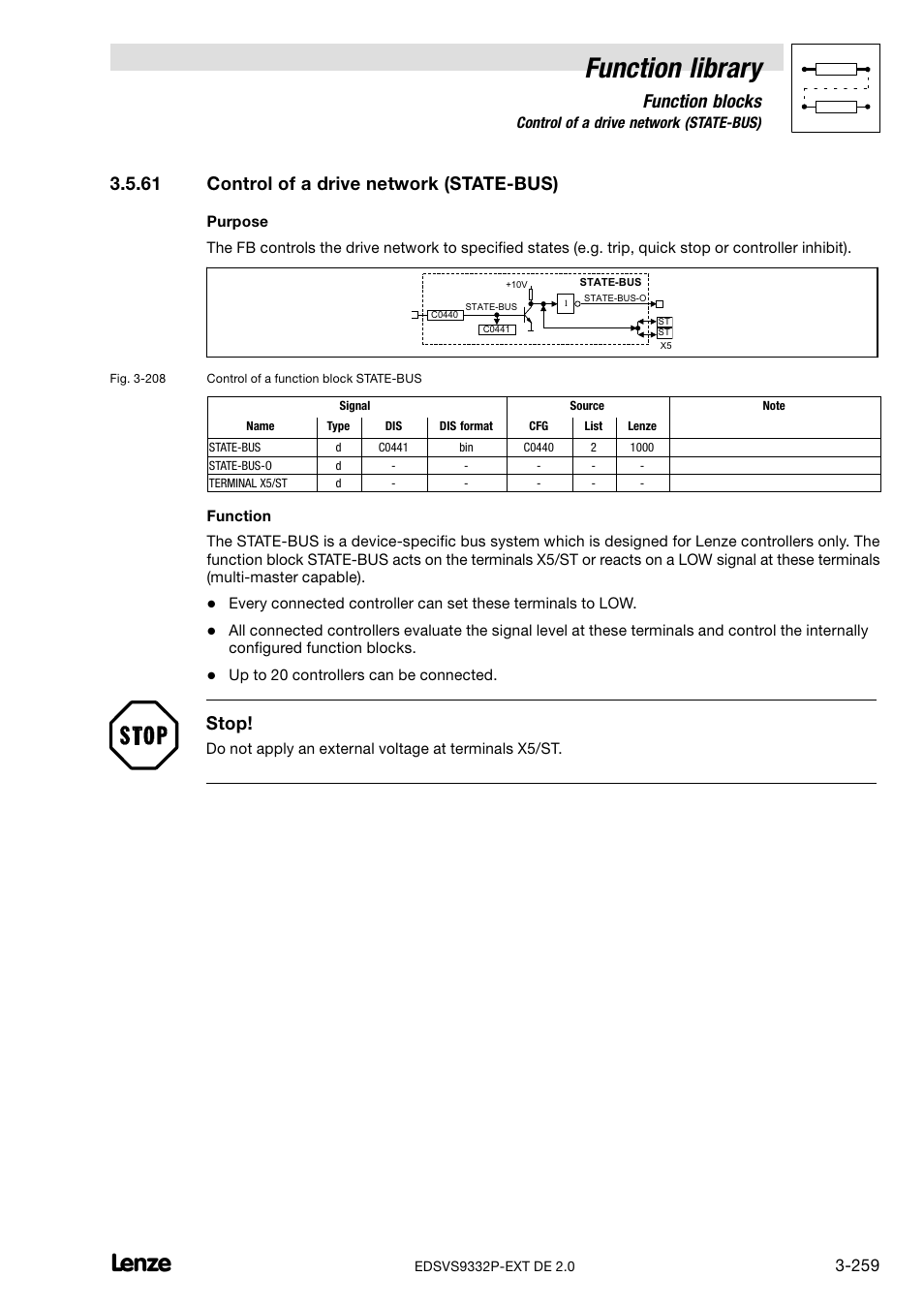61 control of a drive network (state-bus), Control of a drive network (state−bus), Function library | Function blocks, 61 control of a drive network (state−bus), Stop | Lenze EVS9332xP User Manual | Page 287 / 334