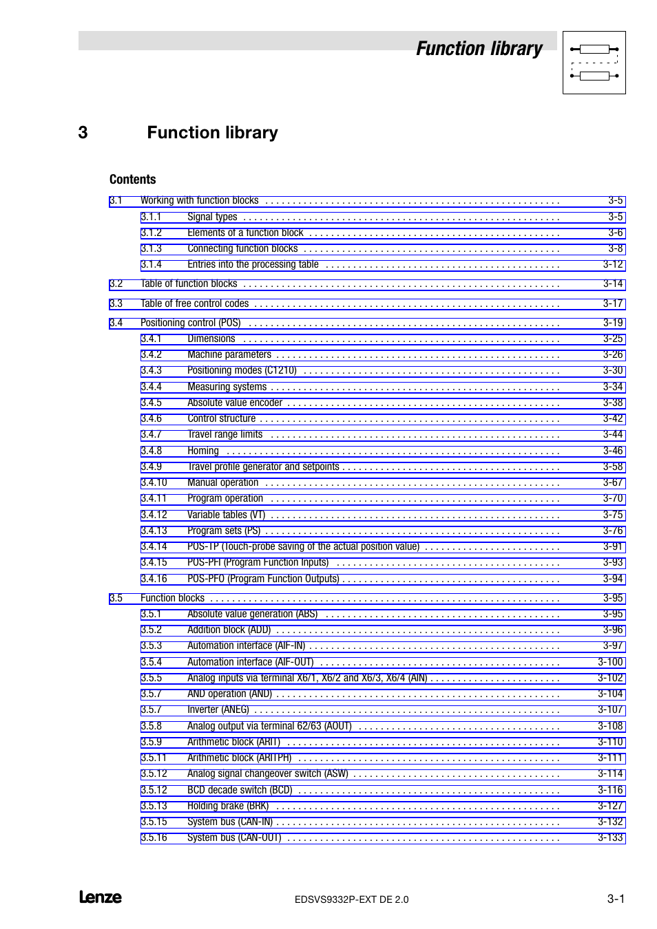 3 function library, Function library, 3function library | Lenze EVS9332xP User Manual | Page 29 / 334