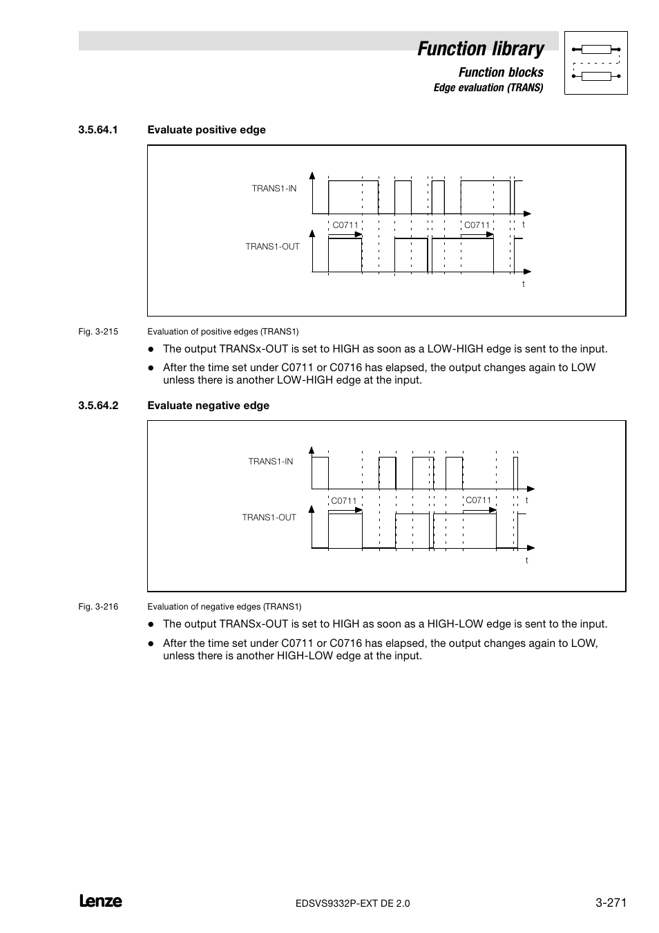 Evaluate positive edge, Evaluate negative edge, Function library | Function blocks | Lenze EVS9332xP User Manual | Page 299 / 334