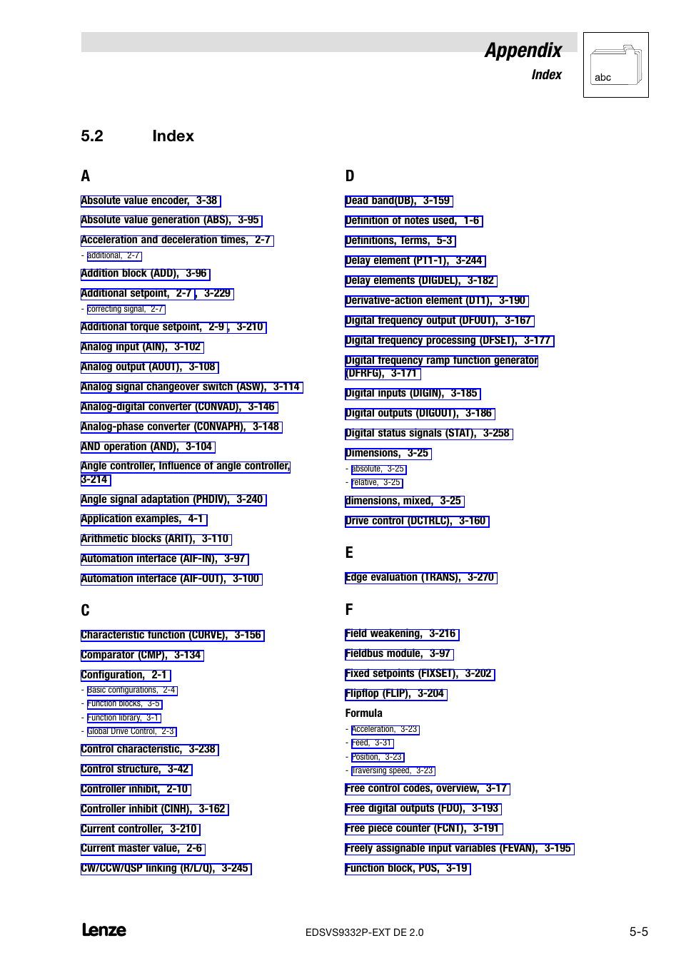2 index, Index, Appendix | 2 index a | Lenze EVS9332xP User Manual | Page 329 / 334