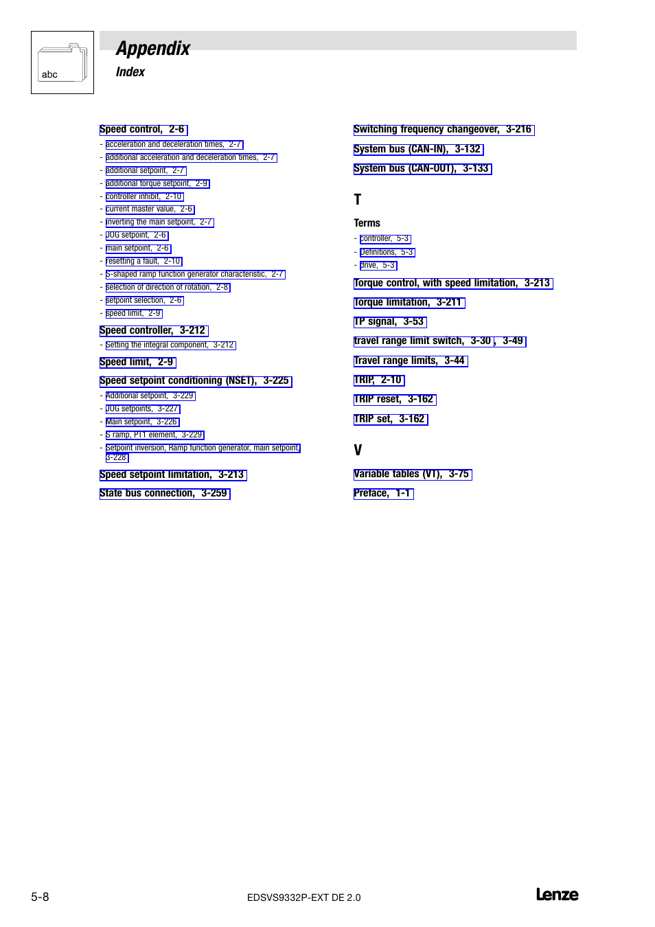 Appendix, 2 index | Lenze EVS9332xP User Manual | Page 332 / 334