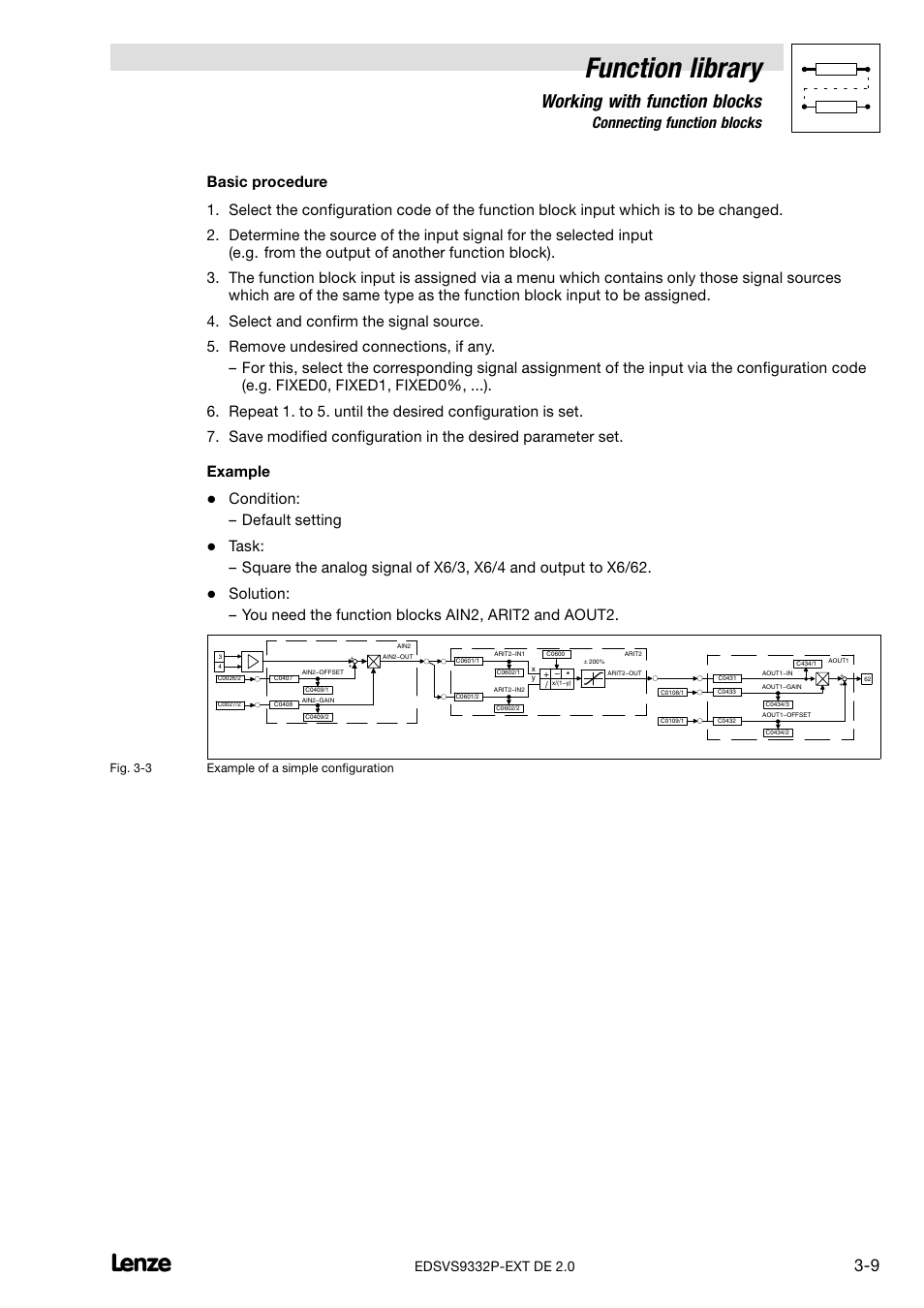 Function library, Working with function blocks, 3 connecting function blocks | Condition: – default setting | Lenze EVS9332xP User Manual | Page 37 / 334