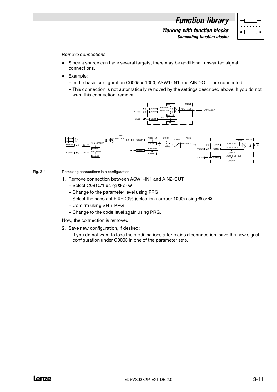 Function library, Working with function blocks, 3 connecting function blocks | Remove connections | Lenze EVS9332xP User Manual | Page 39 / 334