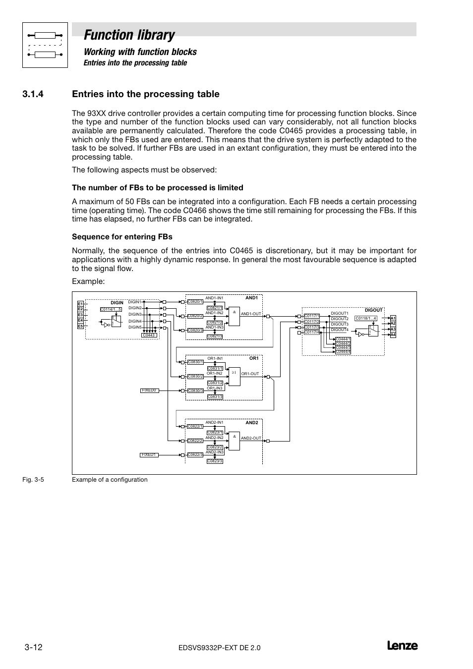 4 entries into the processing table, Entries into the processing table, Function library | Working with function blocks | Lenze EVS9332xP User Manual | Page 40 / 334
