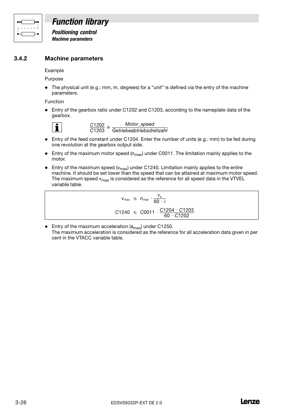 2 machine parameters, Machine parameters, Function library | Positioning control | Lenze EVS9332xP User Manual | Page 54 / 334