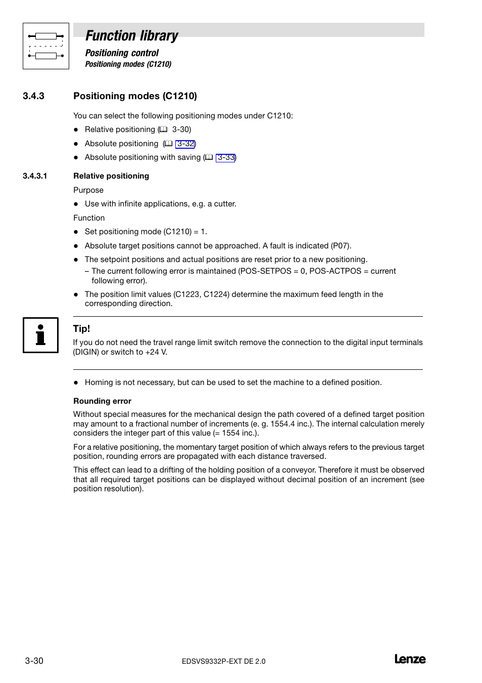 3 positioning modes (c1210), Relative positioning, Positioning modes (c1210) | Function library | Lenze EVS9332xP User Manual | Page 58 / 334