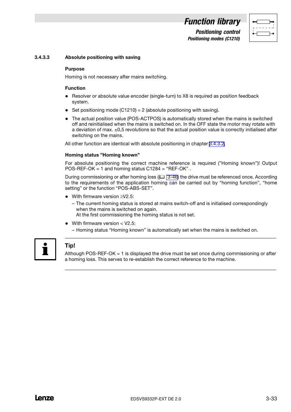 Absolute positioning with saving, Function library | Lenze EVS9332xP User Manual | Page 61 / 334