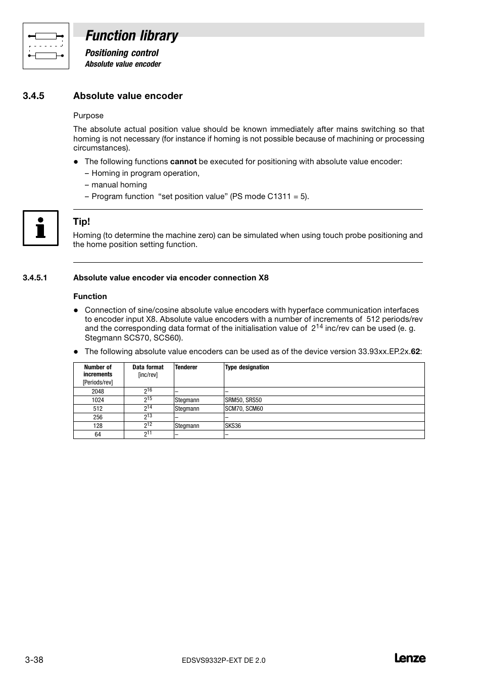 5 absolute value encoder, Absolute value encoder via encoder connection x8, Absolute value encoder | Function library, Positioning control | Lenze EVS9332xP User Manual | Page 66 / 334