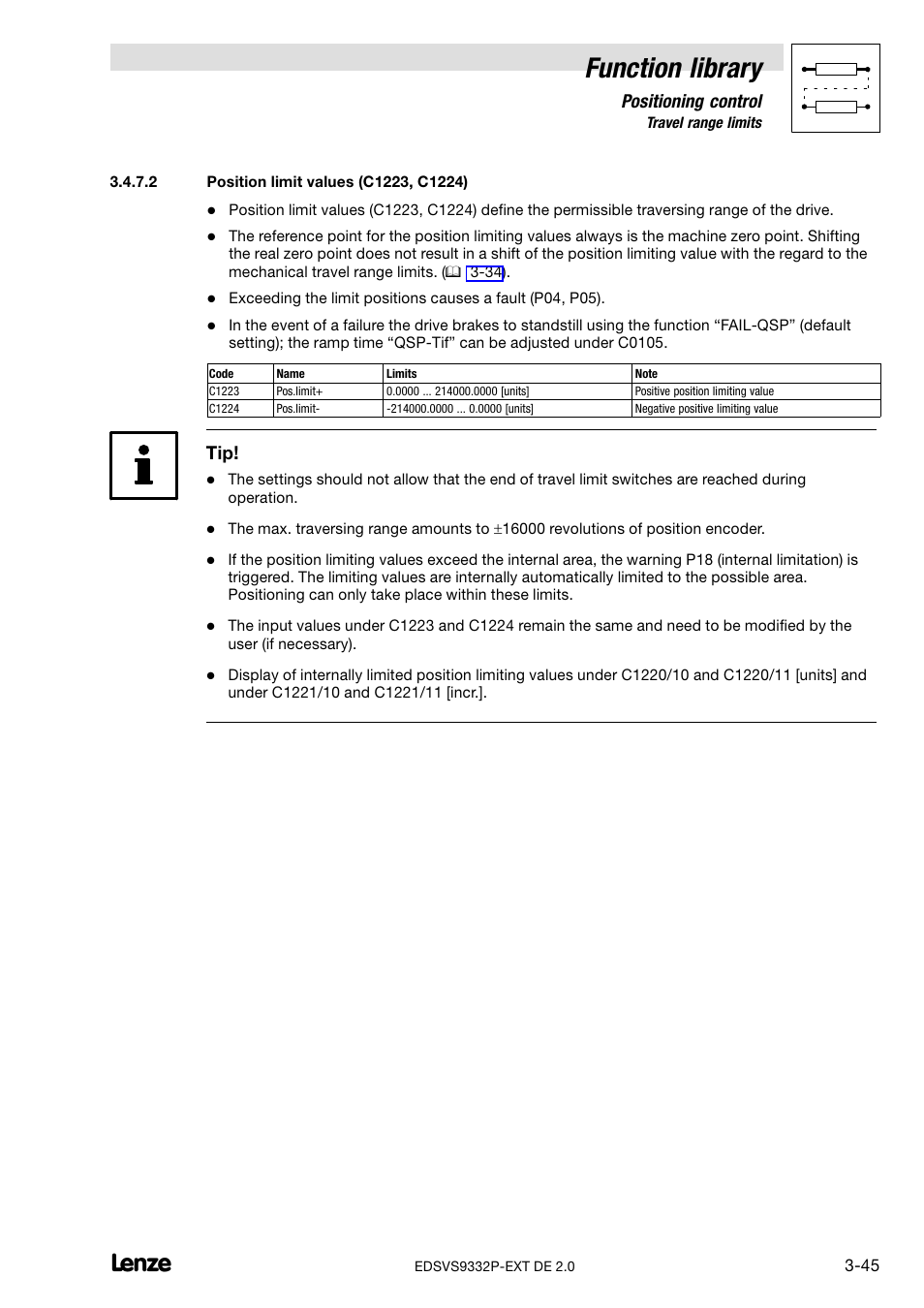 Position limit values (c1223, c1224), Function library, Positioning control | Lenze EVS9332xP User Manual | Page 73 / 334