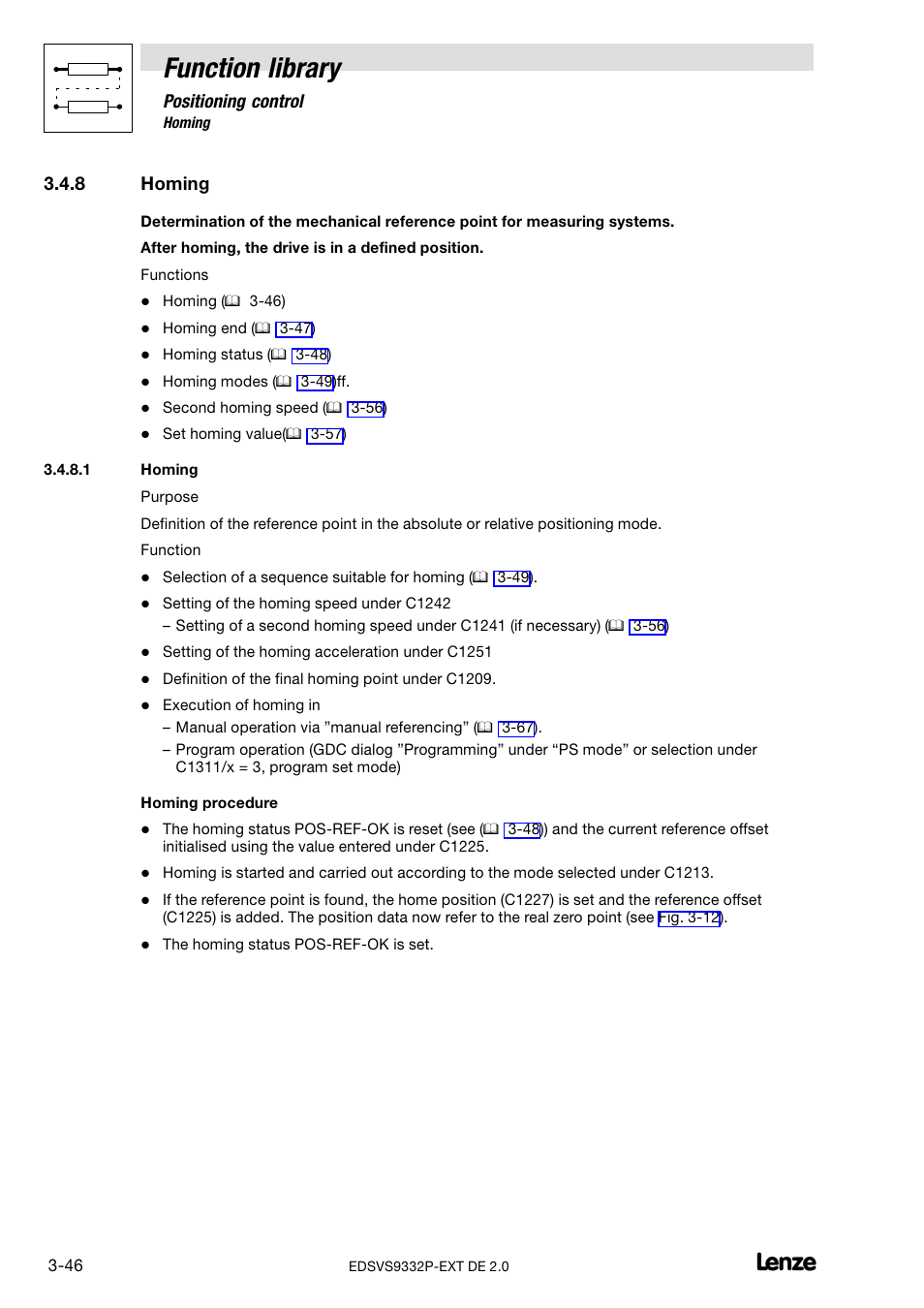 8 homing, Homing, Function library | Positioning control | Lenze EVS9332xP User Manual | Page 74 / 334