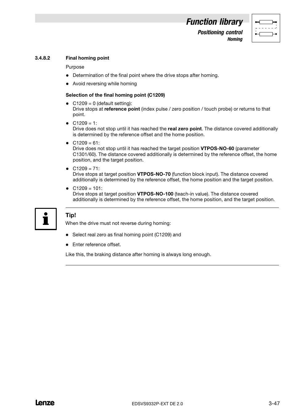 Final homing point, Function library | Lenze EVS9332xP User Manual | Page 75 / 334